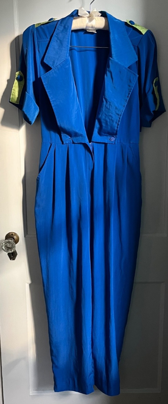 Vintage 80s Stuart Alan Petit Bright Blue Utility Jumpsuit Lime Green Accents