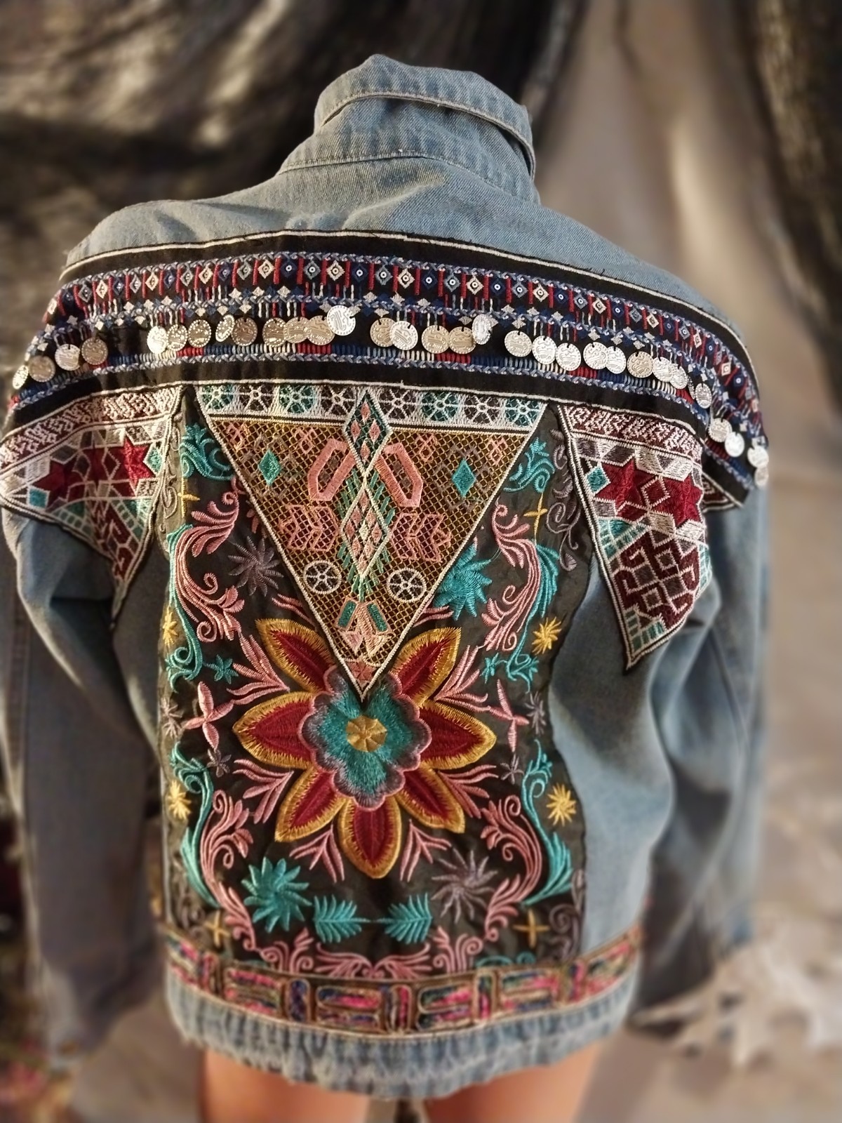 VTG Y2K 90’S BOHO Embroidered Denim Jacket Floral Embellished Tribal Pyramid SEE