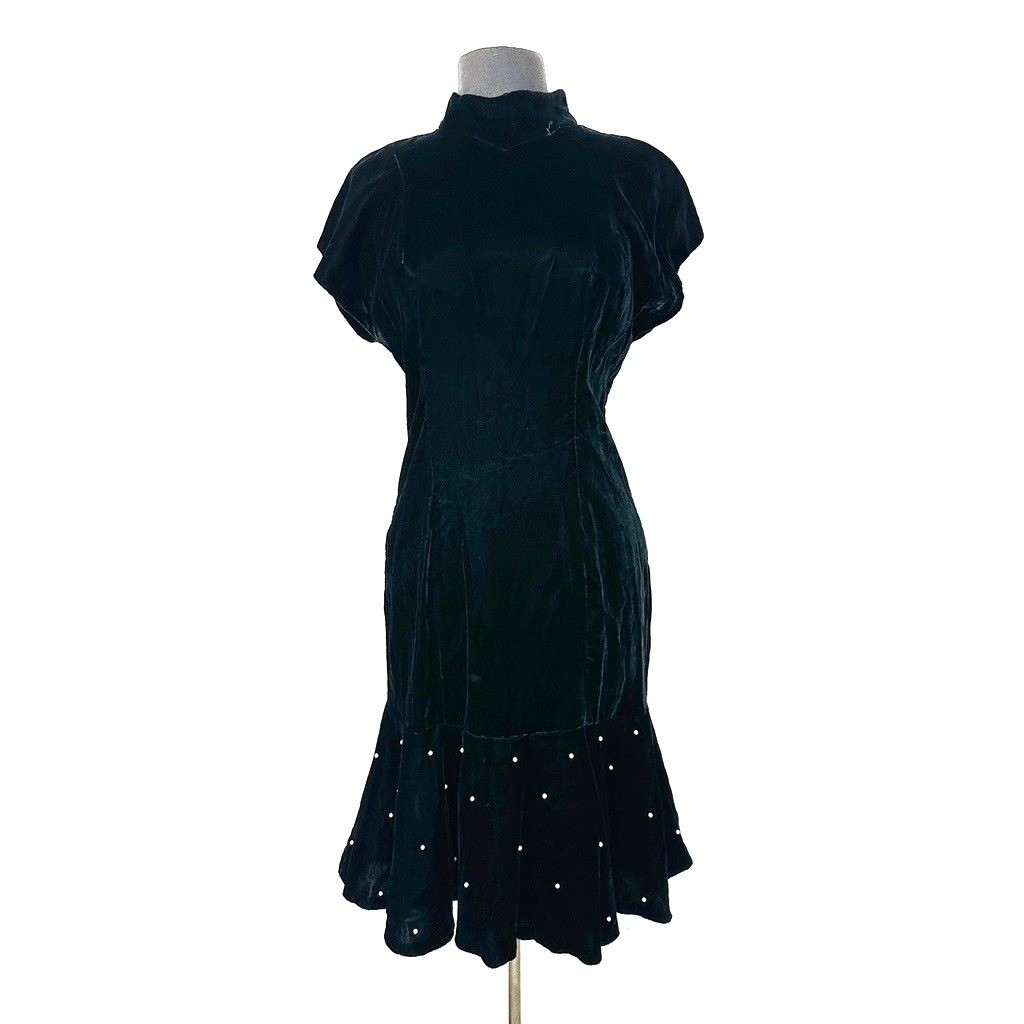 Vintage Velvet Wiggle Dress S Pearls Mermaid Old Hollywood Goth Glam Bodycon