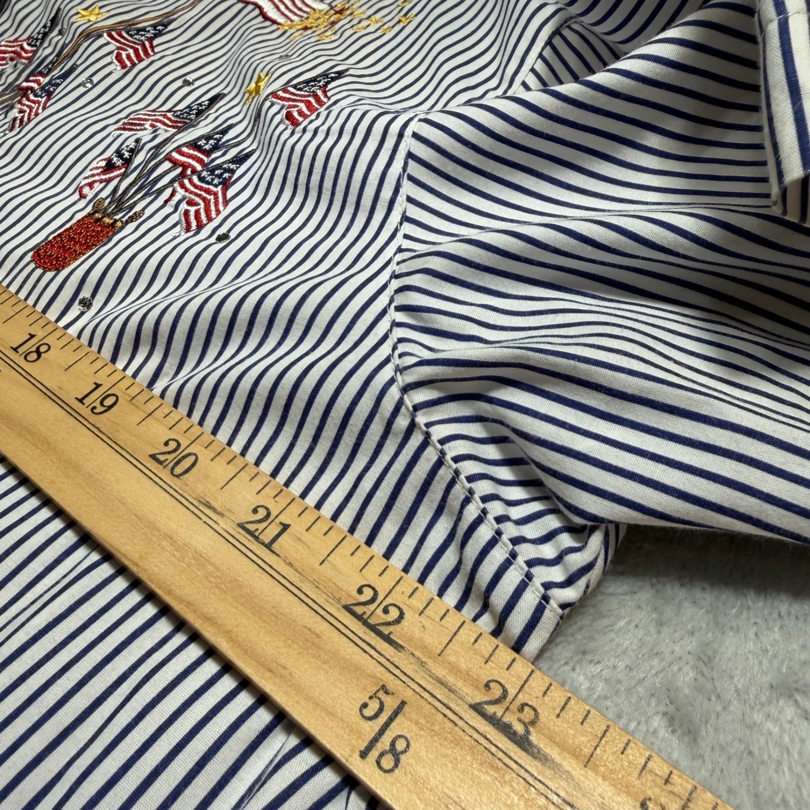 Vintage Quacker Factory Large Blue White Striped Patriotic Flag Shirt 90s Cotton