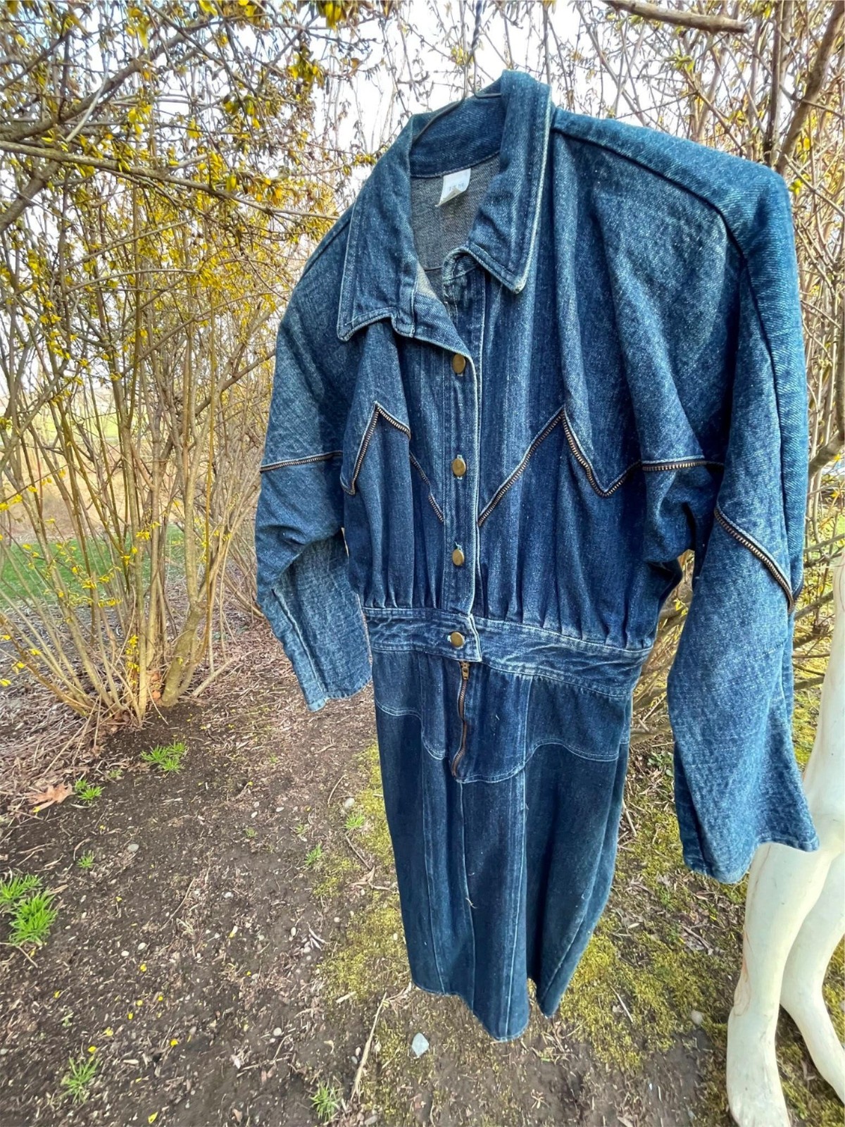 VTG 80S RETRO WOMENS 7/8 S DARK DENIM JEAN ZIPPER TRIM NEW WAVE BUTTON ZIP DRESS