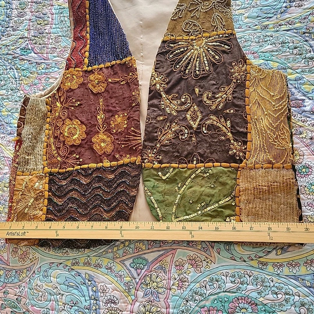 Vintage Beaded Patchwork Open Front Vest Sz O/S Hippie Boho Bohemian Cottage 90s