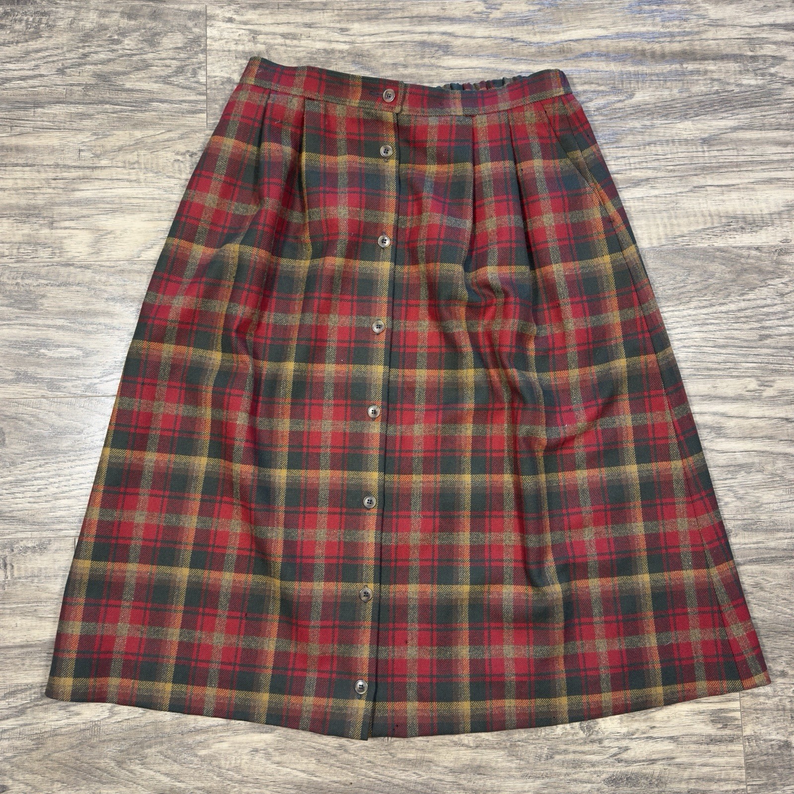 Pendleton Plaid Wool Skirt Size 14 Red Tartan USA Vintage Button Front