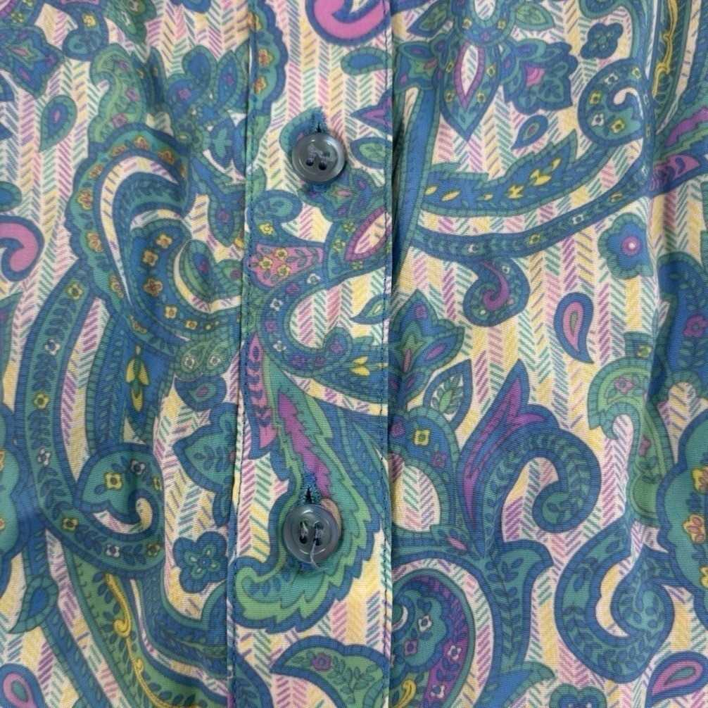 Schrader Vintage Paisley Midi Shirt Dress 8 Blue Green Pockets Button Front 80s