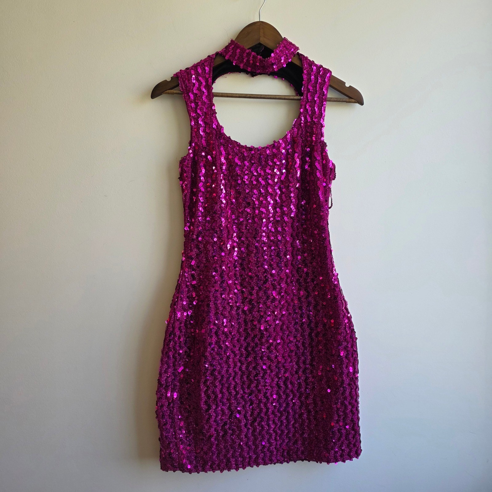 Vintage 80s Magenta Pink Sequin Mini Dress Mock Neck Open Back Union Made USA