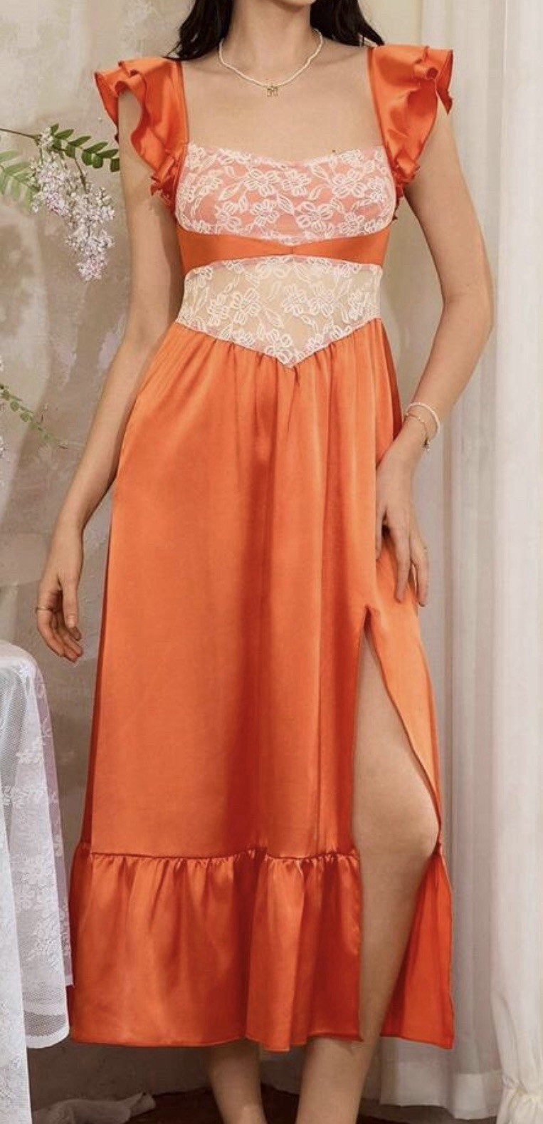 NEW XL French Styl Glossy Orange LONG SATIN & LACE NIGHTGOWN Slip GOWN Oily