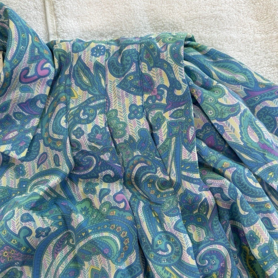 Schrader Vintage Paisley Midi Shirt Dress 8 Blue Green Pockets Button Front 80s