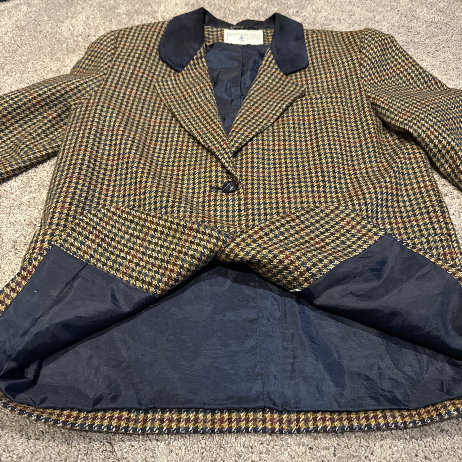 Vtg International Scene Wool Blazer Houndstooth Suede Collar Womens 10 Russia