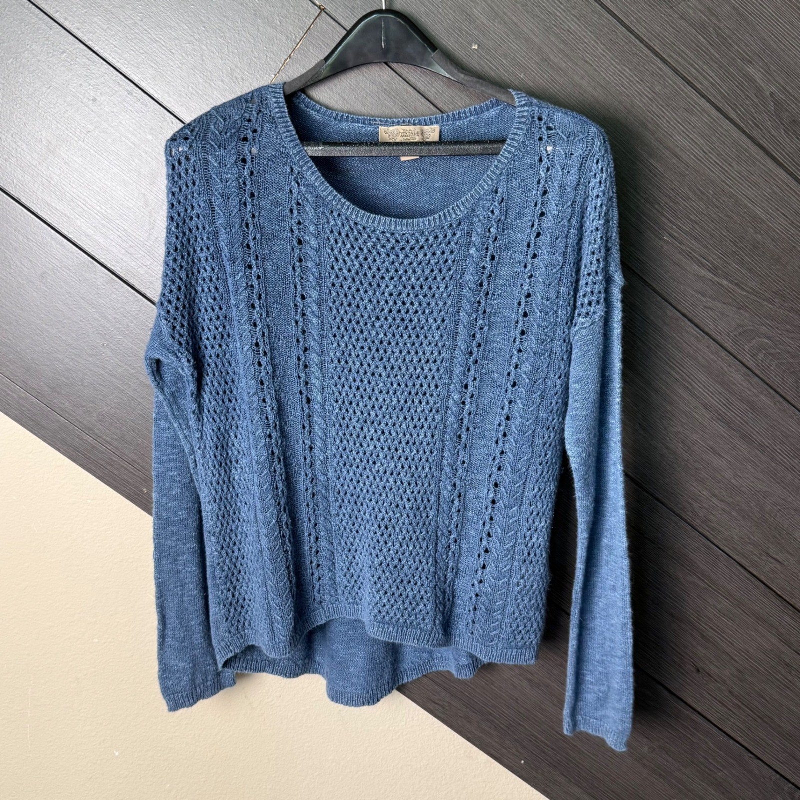 The West Vintage America Women’s Open Knit Hi-Low Sweater Small Blue BOHO