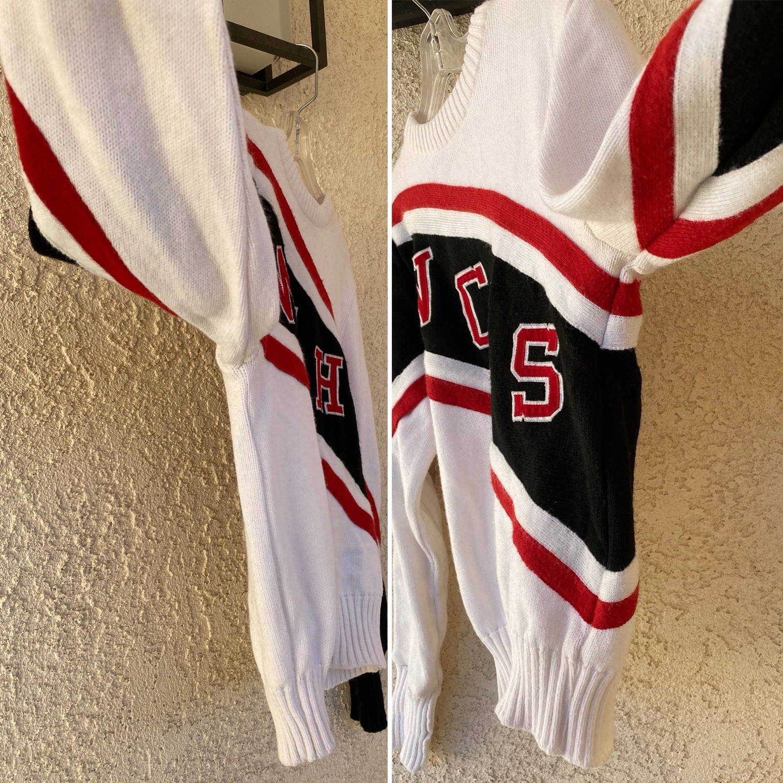 Vintage 80s Dehen Cheerleader Sweater WCHS White Black Red Acrylic Knit Size M