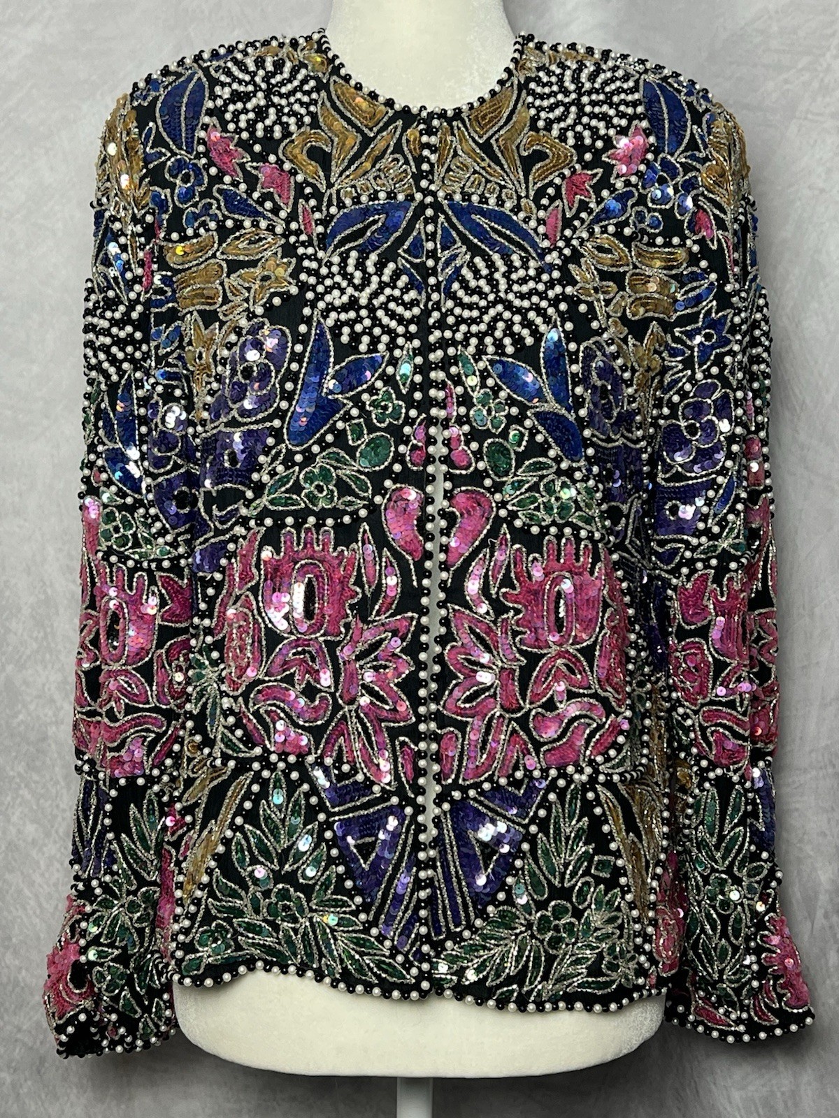 Vintage Judith Ann Creations Floral Sequin Beaded Silk Jacket Blazer Sz XS/S