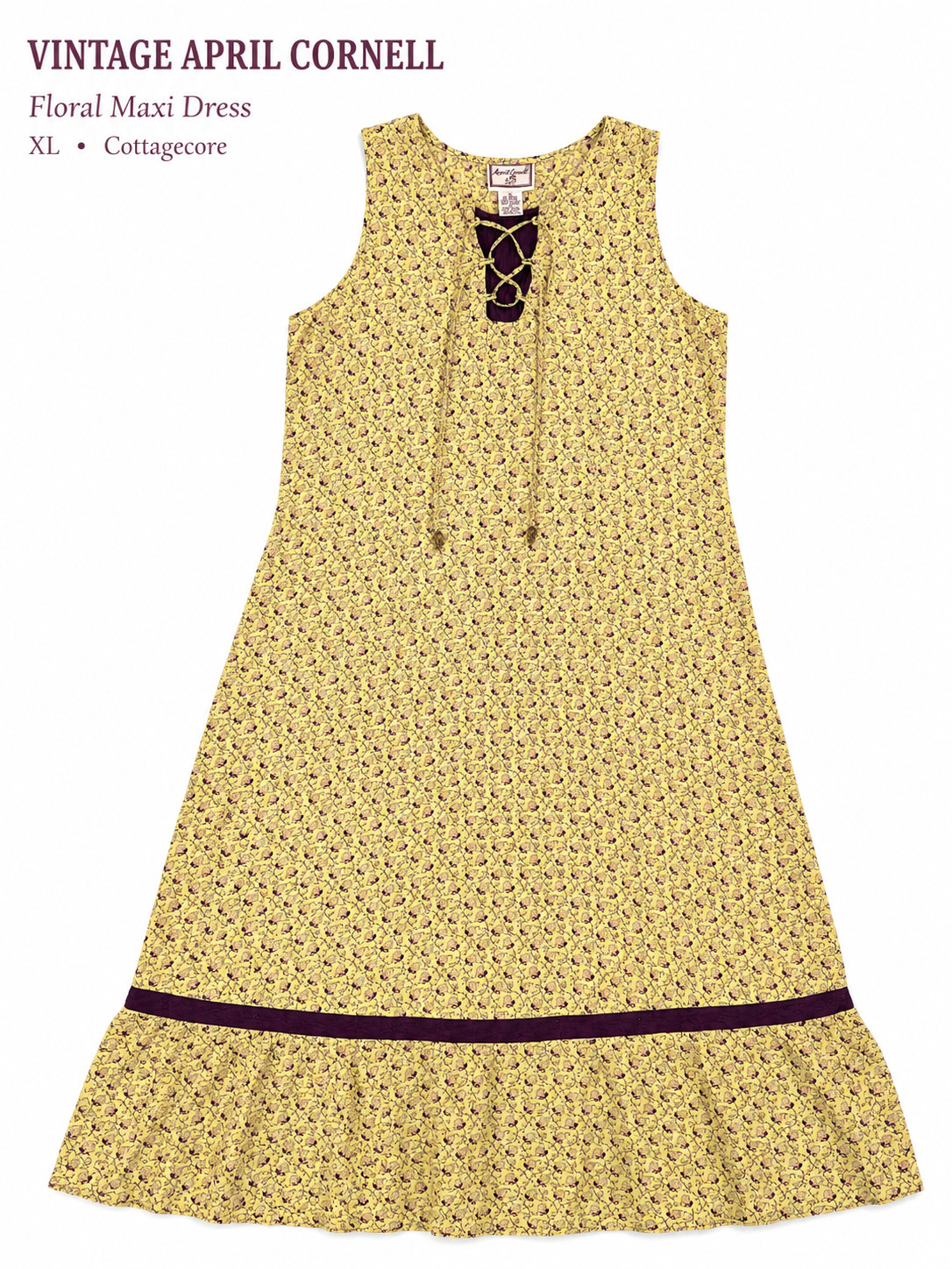 Vtg 90s April Cornell Rayon Maxi Dress XL Yellow Ditsy Floral Lace Up Prairie