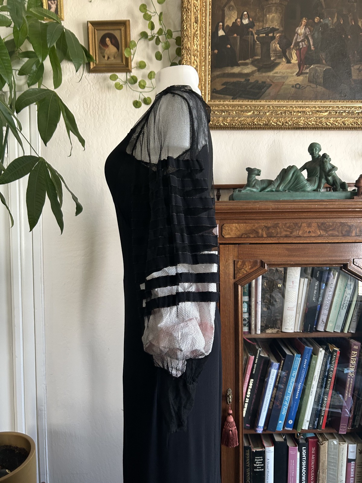 Vintage 1930s Black Mesh Net Gown Balloon Sleeves Bias Cut Art Deco Maxi Dress