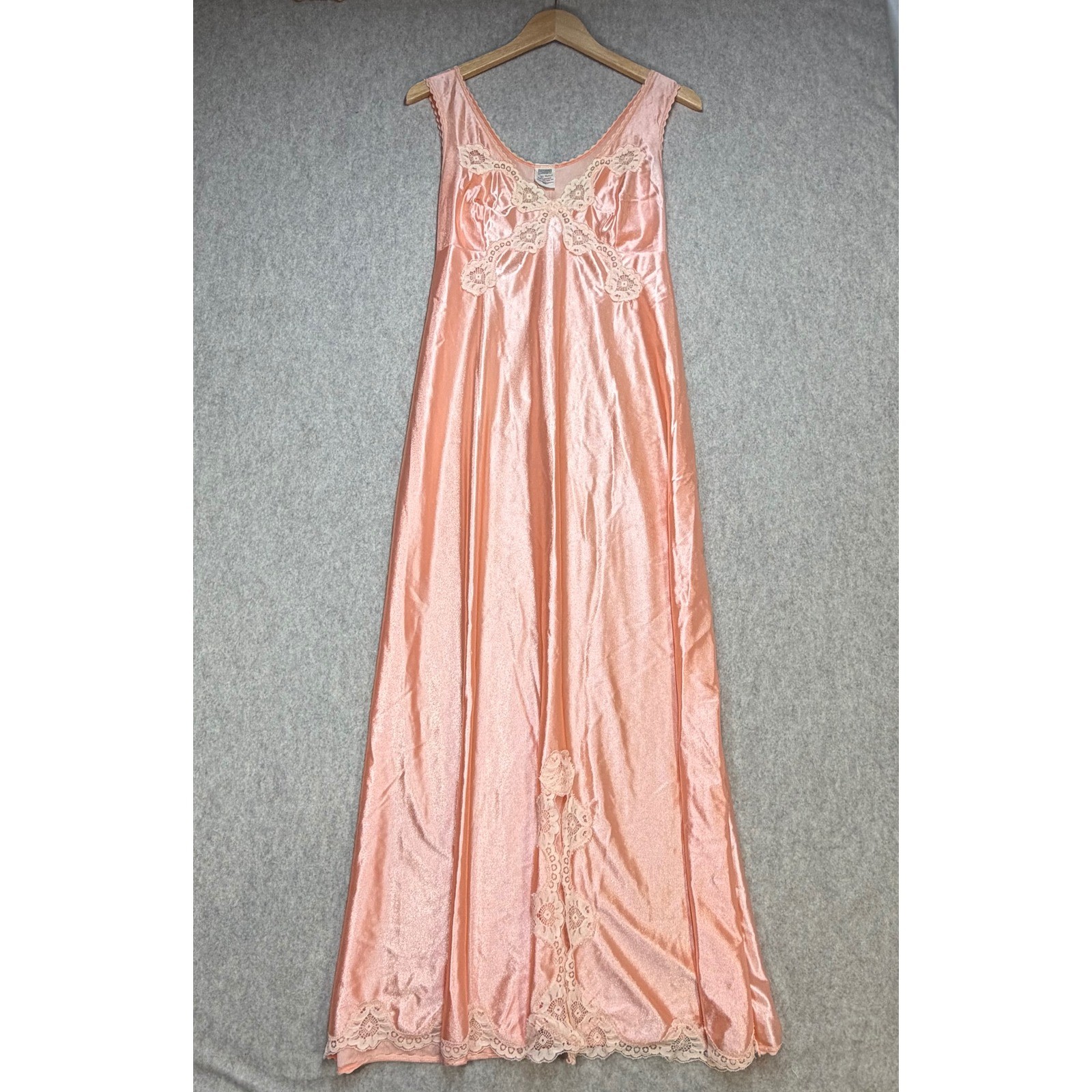 Keynote Vintage Peach Lace Trim Nylon Maxi Nightgown Slip Dress Made in UK Large