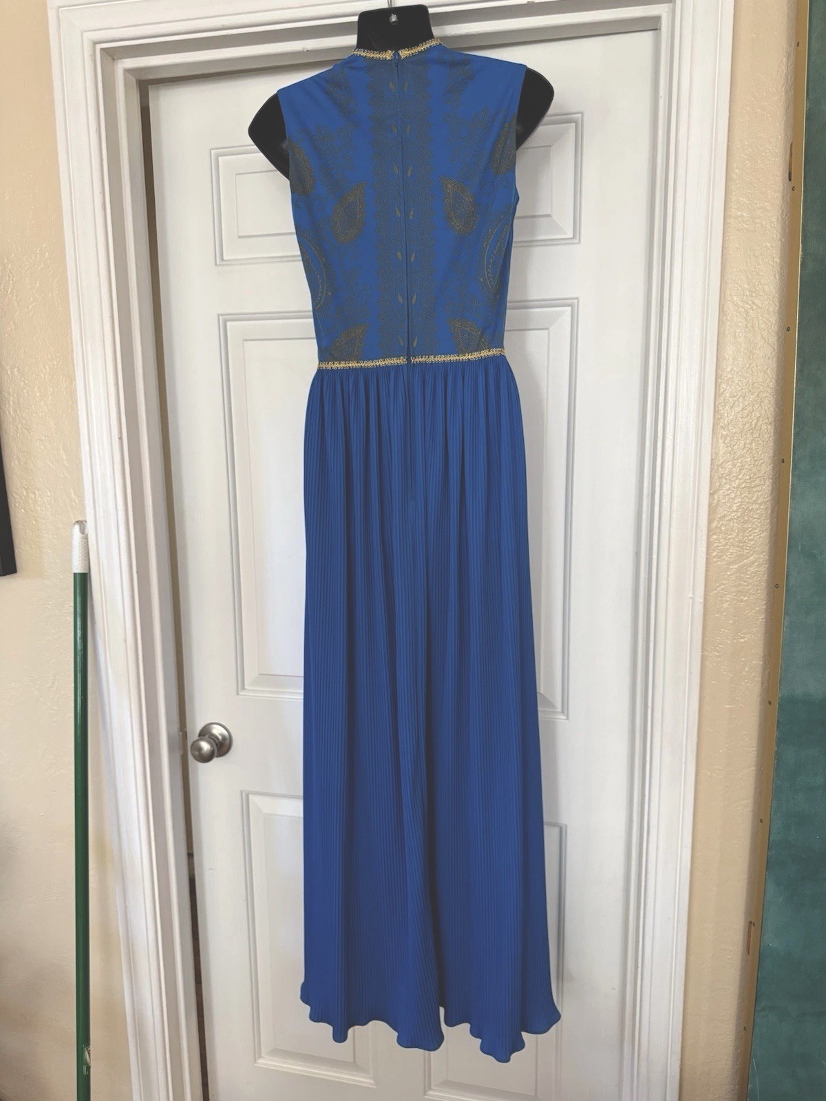 Vintage Alfred Shaheen Asian Inspired Hawaiian Aloha Maxi Dress Sz 8 Blue & Gold