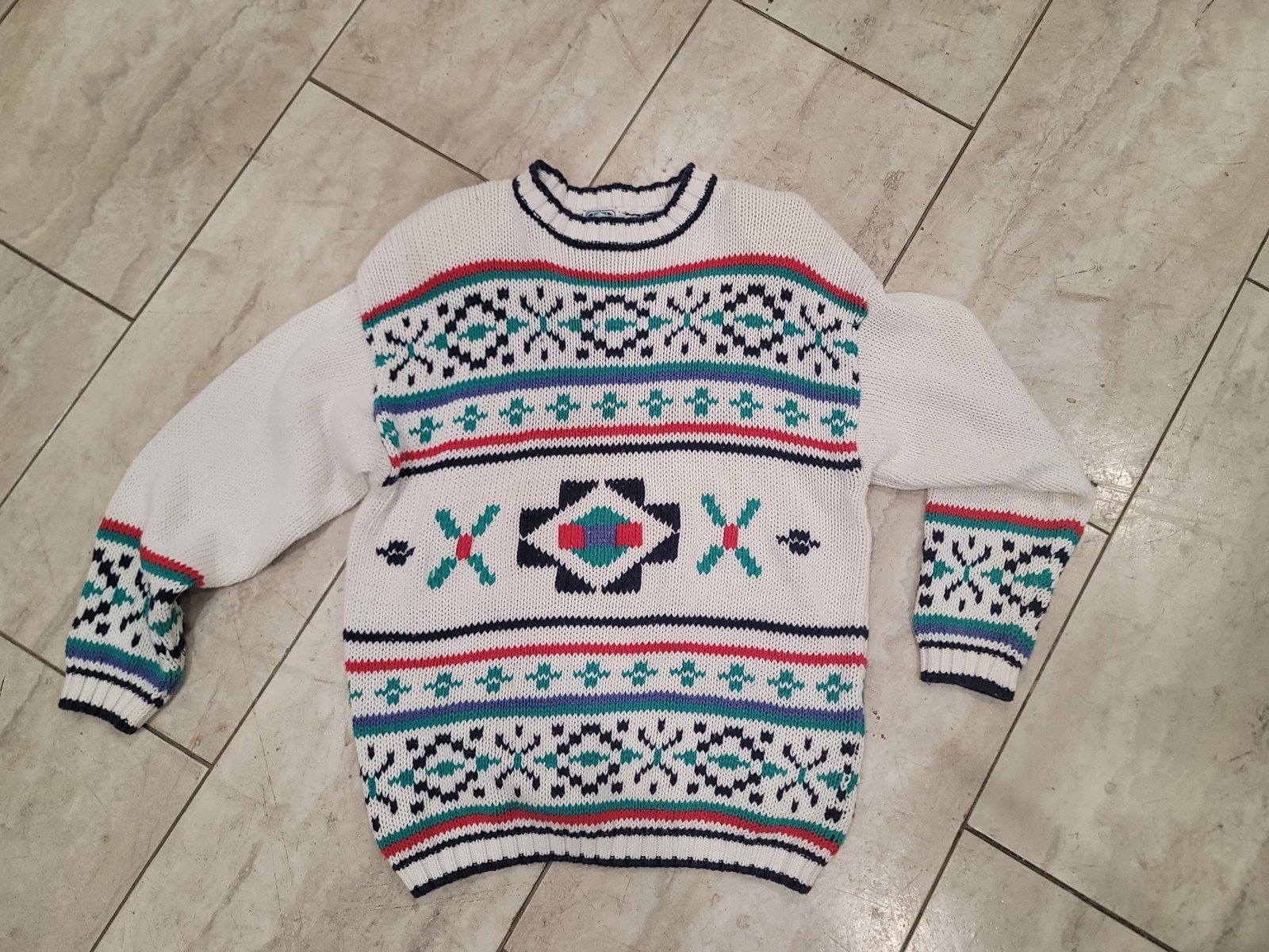 80’s sweater with shoulder pads. Gina Peters size M. Knit sweater teal, red,