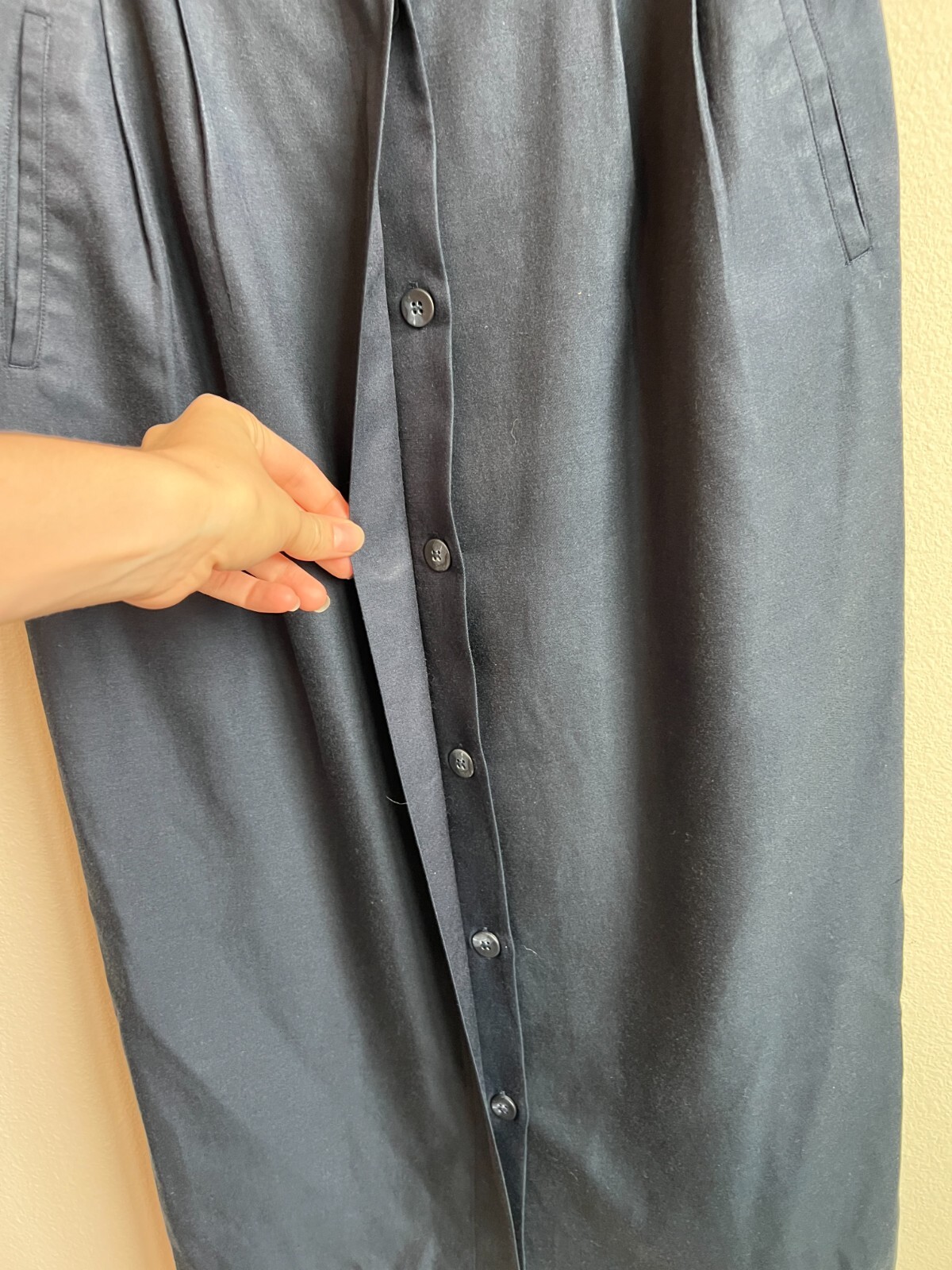 Vintage Navy Button Up Pencil Skirt – Blue Silk Cotton, Wiggle, Secretary Preppy