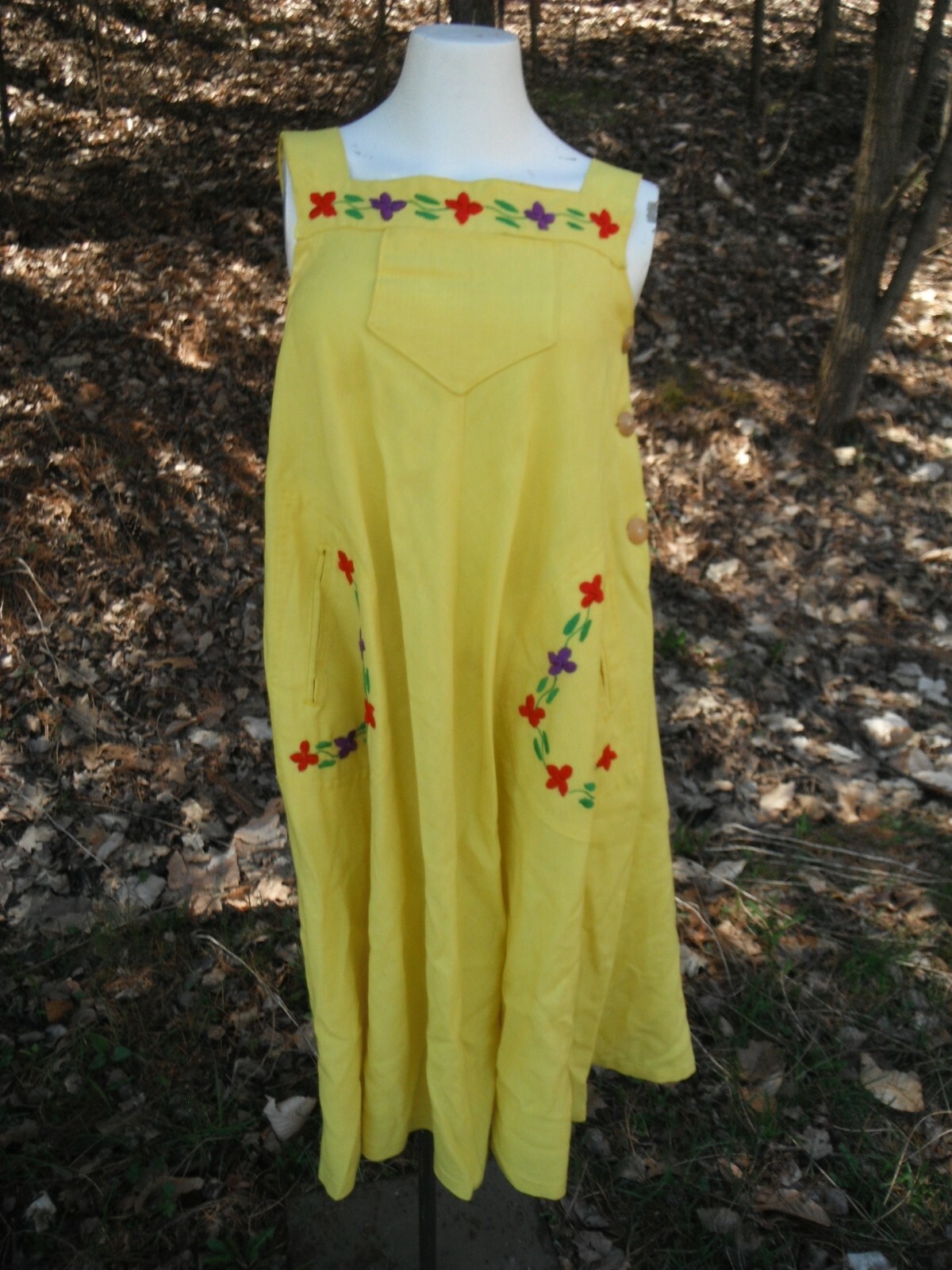 TRUE VTG. 70’s hippie boho BRIGHT yellow L’ARTISANE HAITI embroidered sundress S