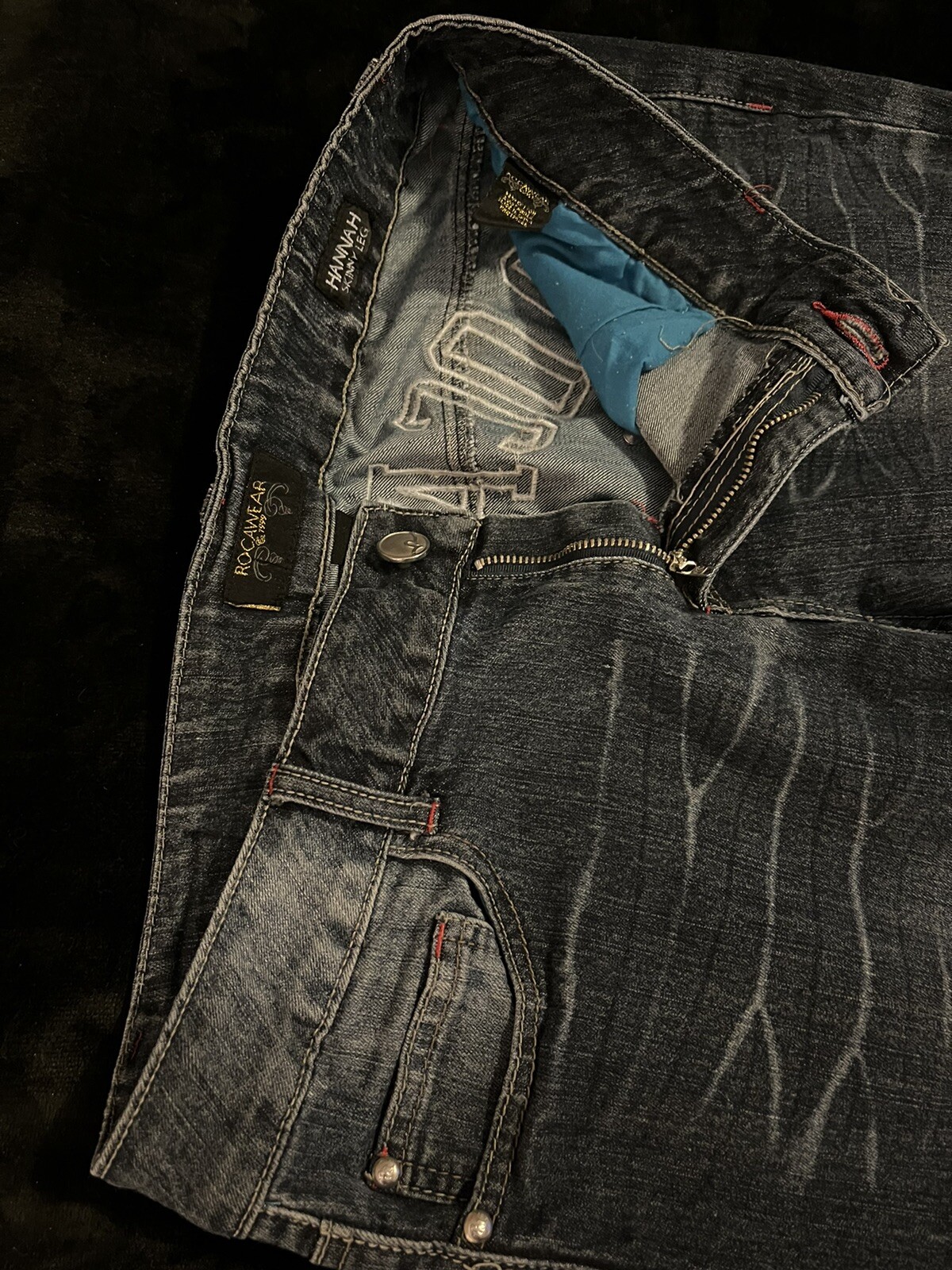 Vintage Jay Z Rocawear Hannah Embroidered Skinny Leg Stretch Blue Jeans Size 16