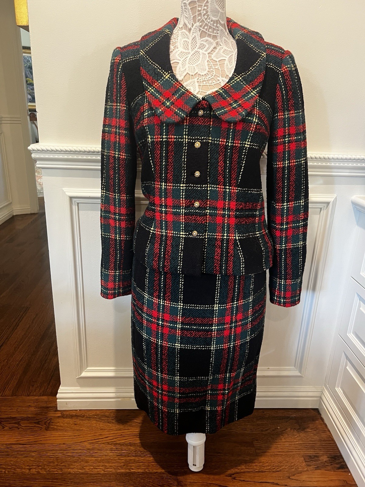 Peggy Jennings Vintage Skirt Suit — Black, Red, Green, Yellow Plaid –Tailored