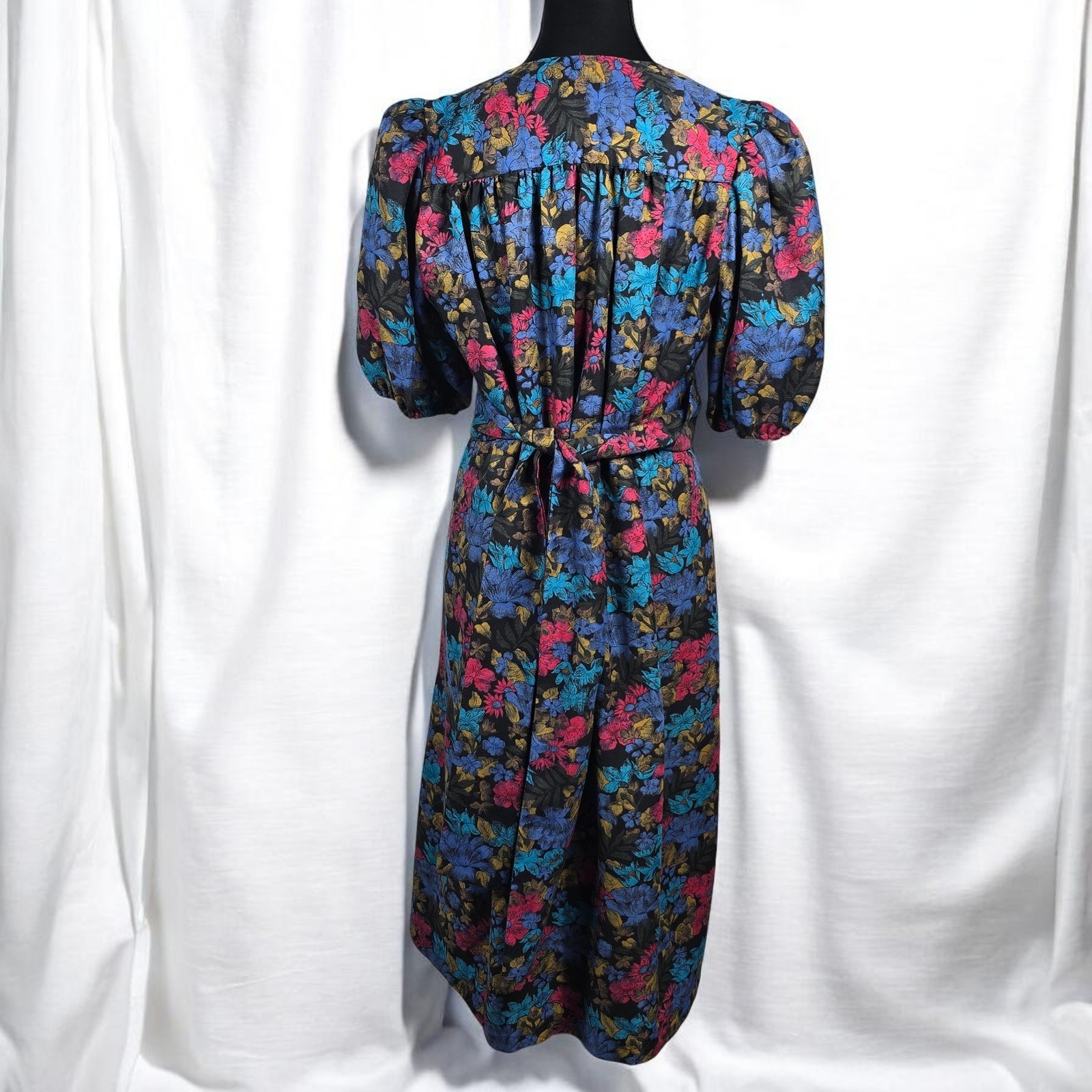 Virgo II Vintage Floral Puff Sleeve Midi Dress V-Neck Tie Waist Made in USA MED?