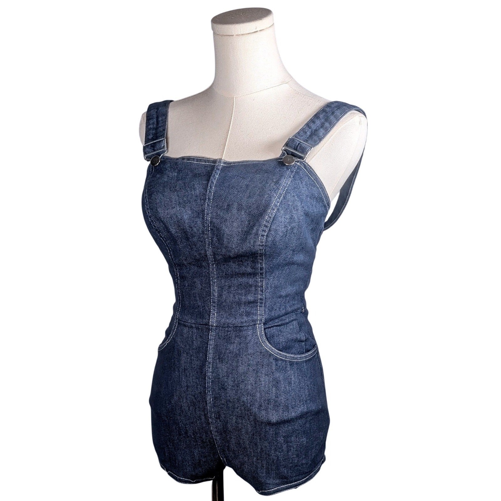 Vintage 50s Dark Wash Denim Pinup Romper Overall Bodysuit Playsuit Rockabilly XS