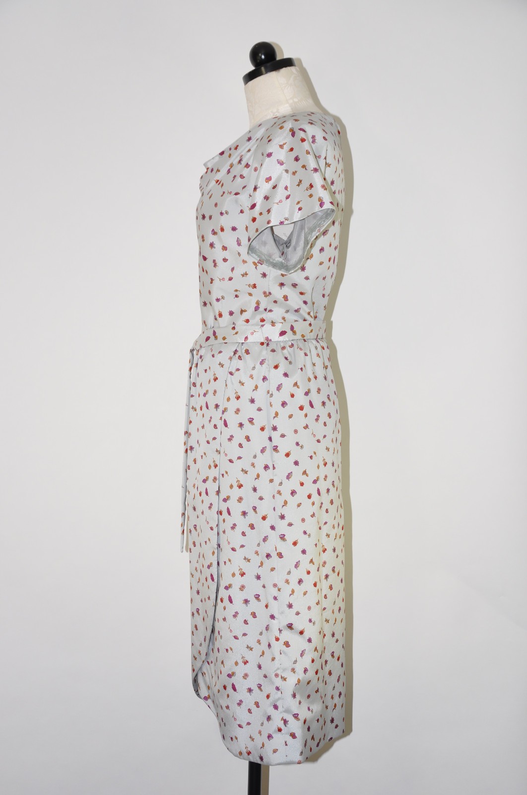 60s Vintage Silver Autumn Leaf Print Faux Wrap Cocktail Pencil Dress Women S M