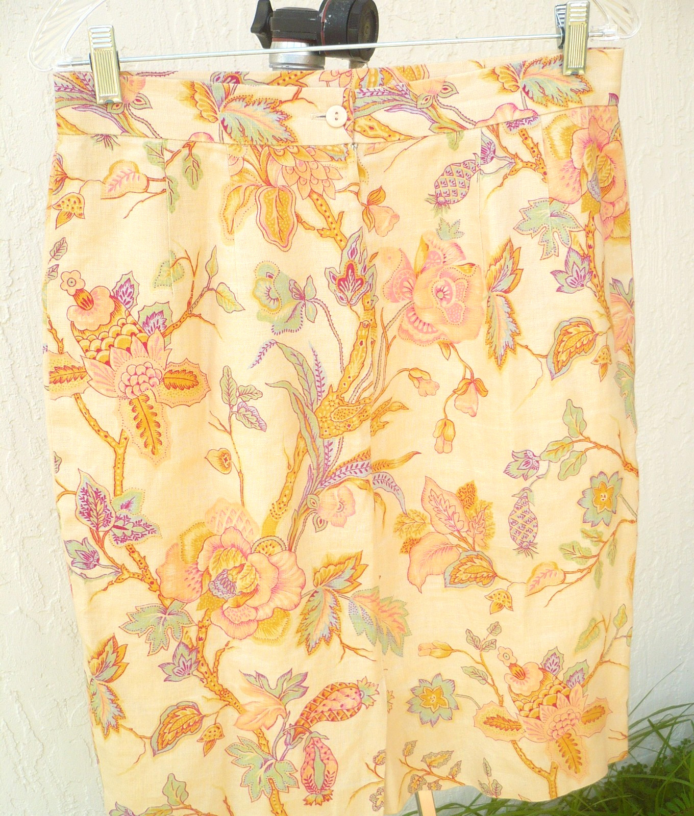 VTG OBERON pastel PINK BLUE FLORAL CREAM LINEN SUIT WOMEN BLOUSE SKIRT LINED L M
