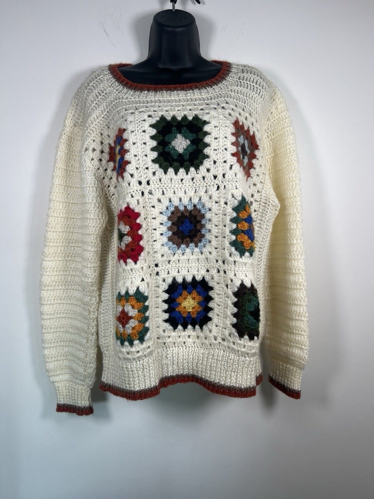 Granny Square 1960s Vintage Sweater Boho Hippie Crochet Knit Korean UNISEX M