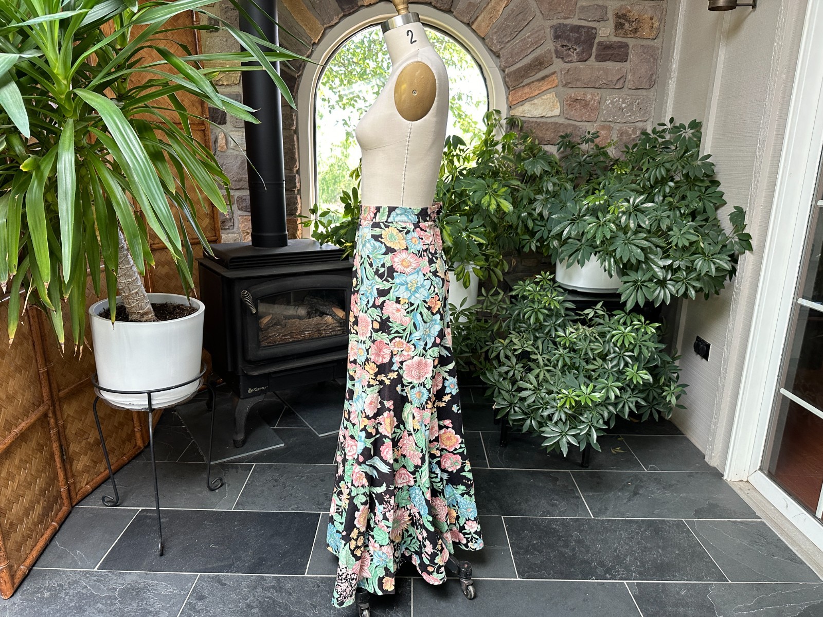 Vintage 1970s Bias Cut Swirl Black Pink Green Floral Maxi Skirt Kelita New York