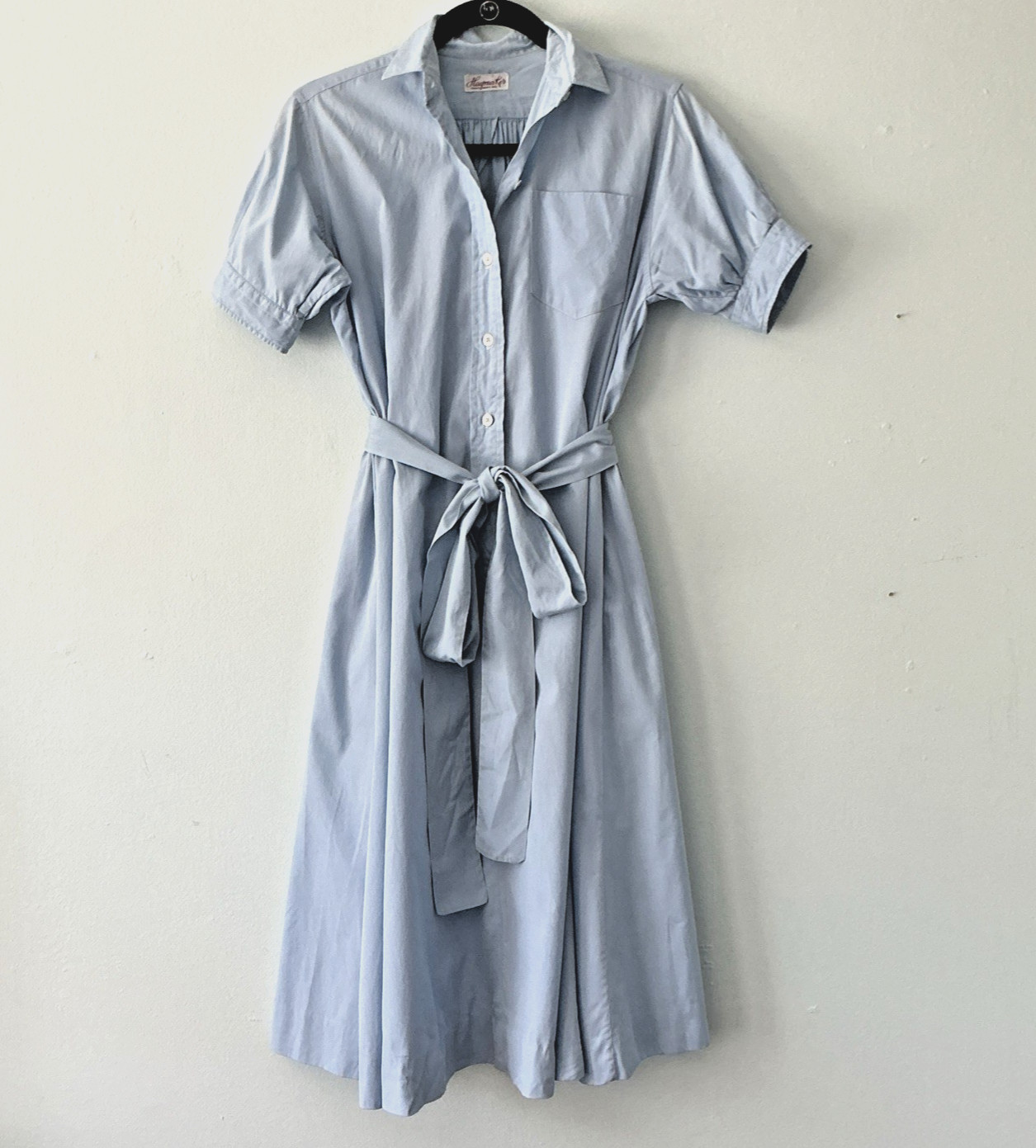 Vintage Haymaker Powder Blue Cotton Shirtwaist Tent Dress Sash Belt Pockets Full