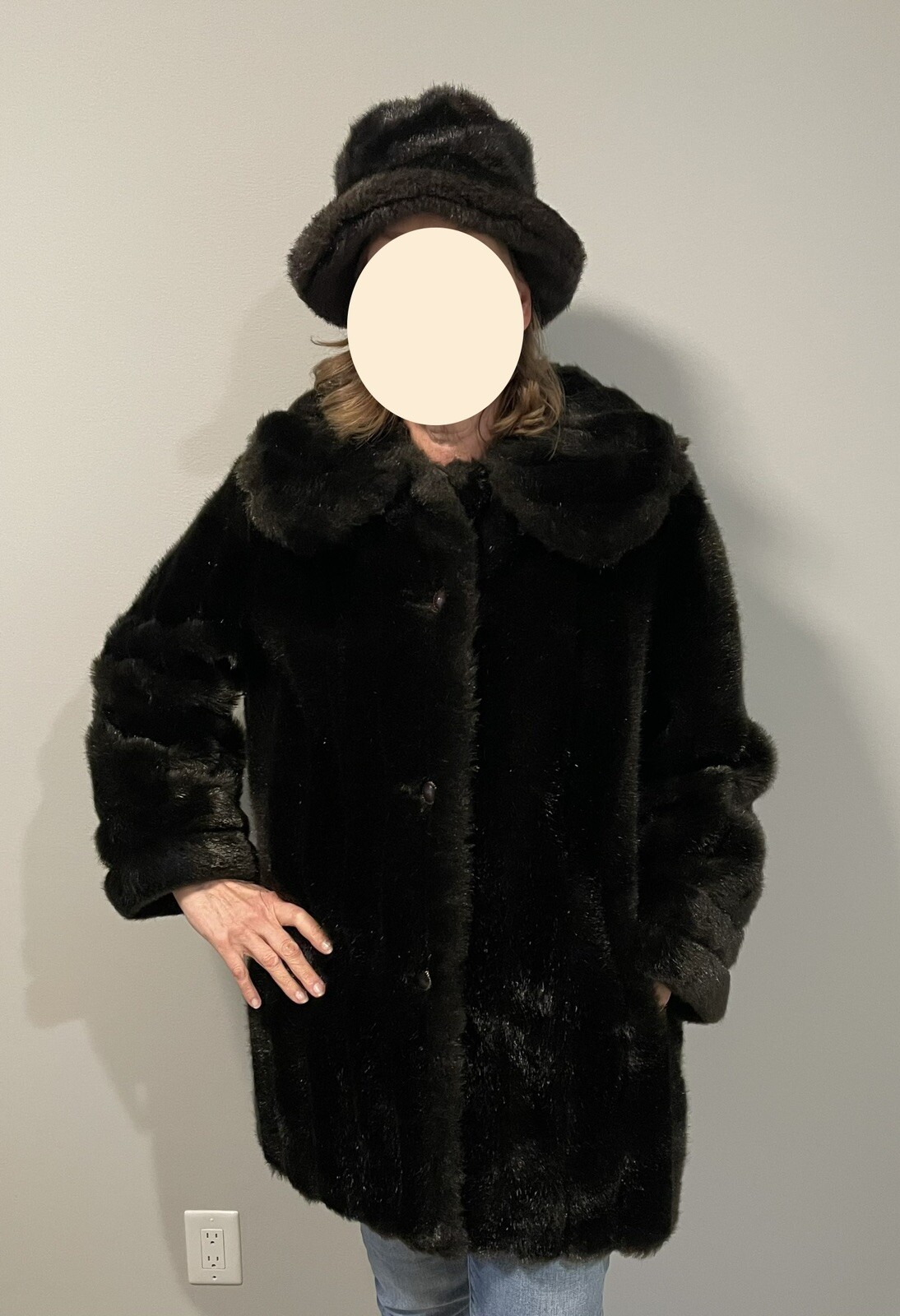 Vtg 1960 Black Faux Mink Fur Coat Shawl Collar Mar-Del Rice + Betmar Bucket Hat