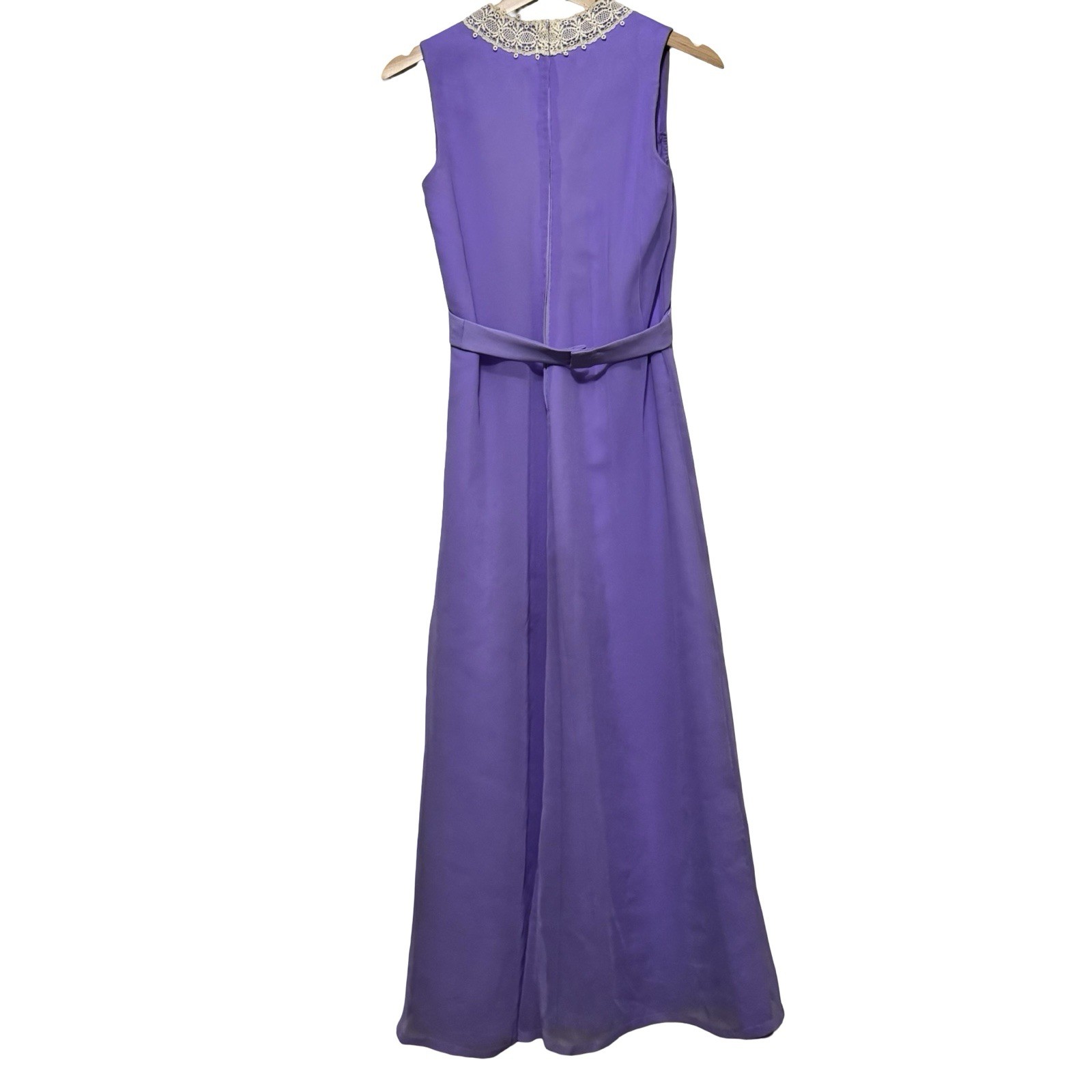 Vintage 60s Maxi Dress Purple chiffon size XS handmade crochet lace detail
