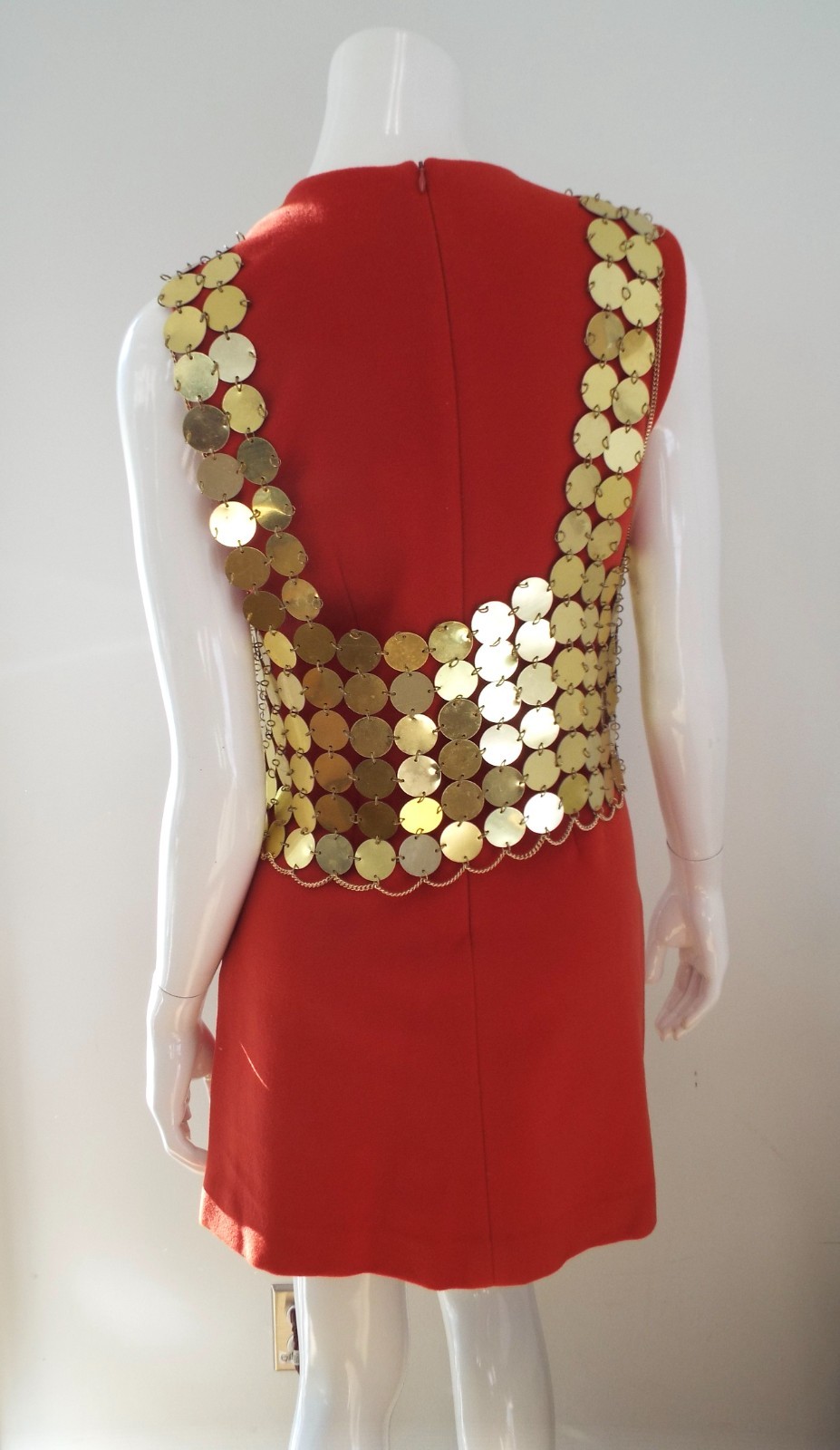 Vintage 1960s Gold Tone Metal Disc Chain Mail Vest Top & Skirt Dress Paillette