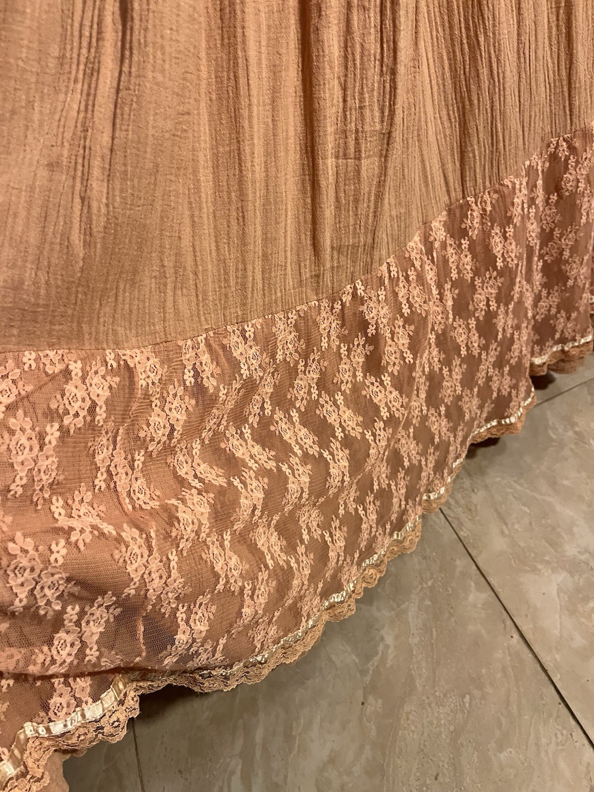 Vintage Young Edwardian Arpeja Peach Maxi Dress Gauze Lace Peasant Prairie Boho