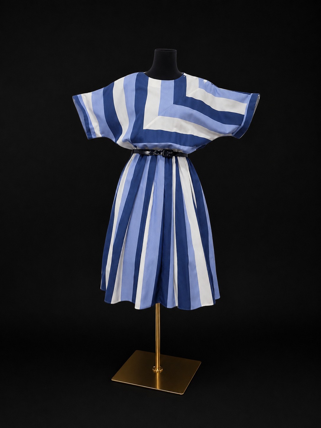 80s Blue White Striped Dolman Sleeve Pleated Dress Belted Nautical Party Dress