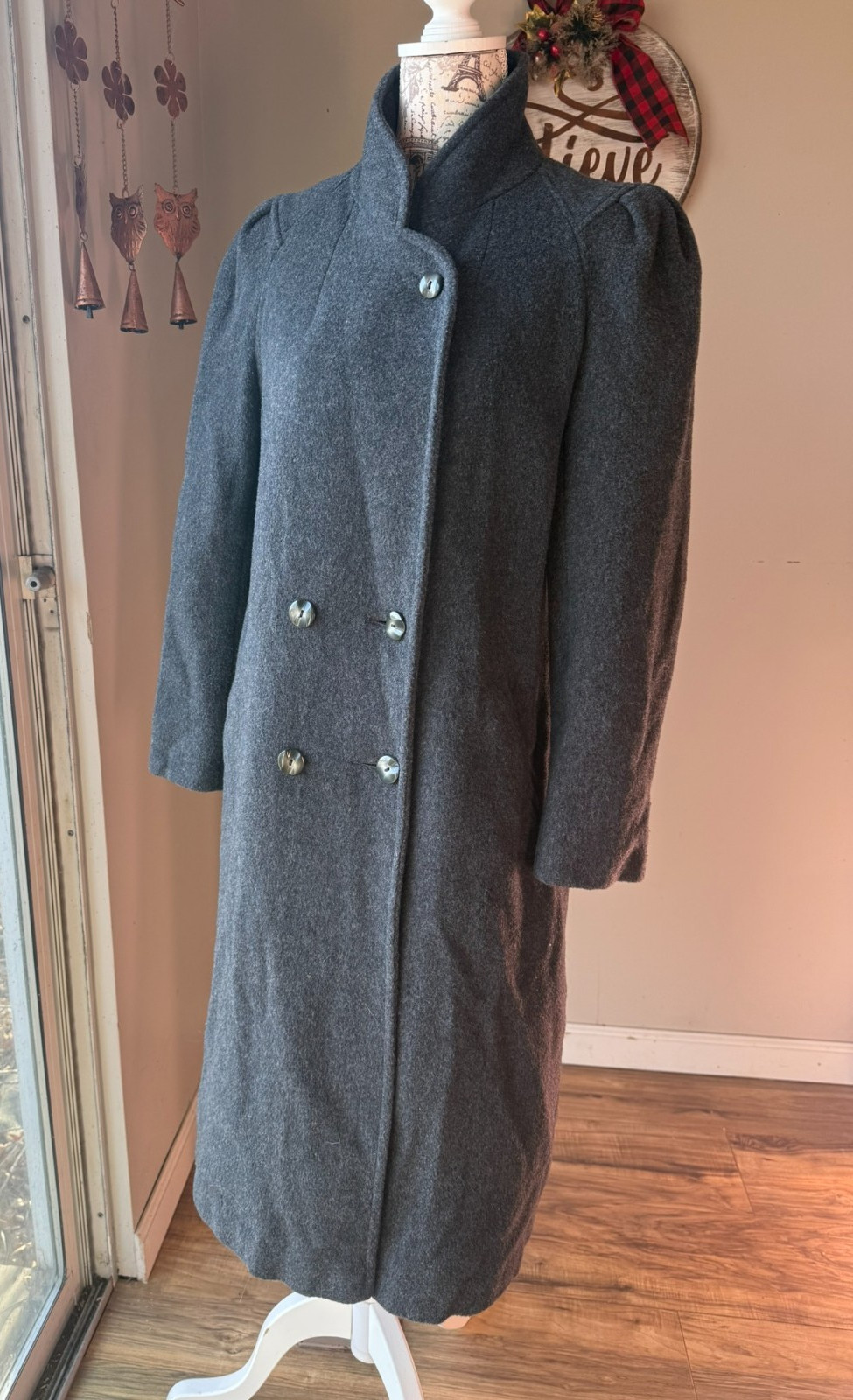 Vintage 80s 90s Gray Felted WOOL Coat FREDDI GAIL Long Double Breasted PREPPY M