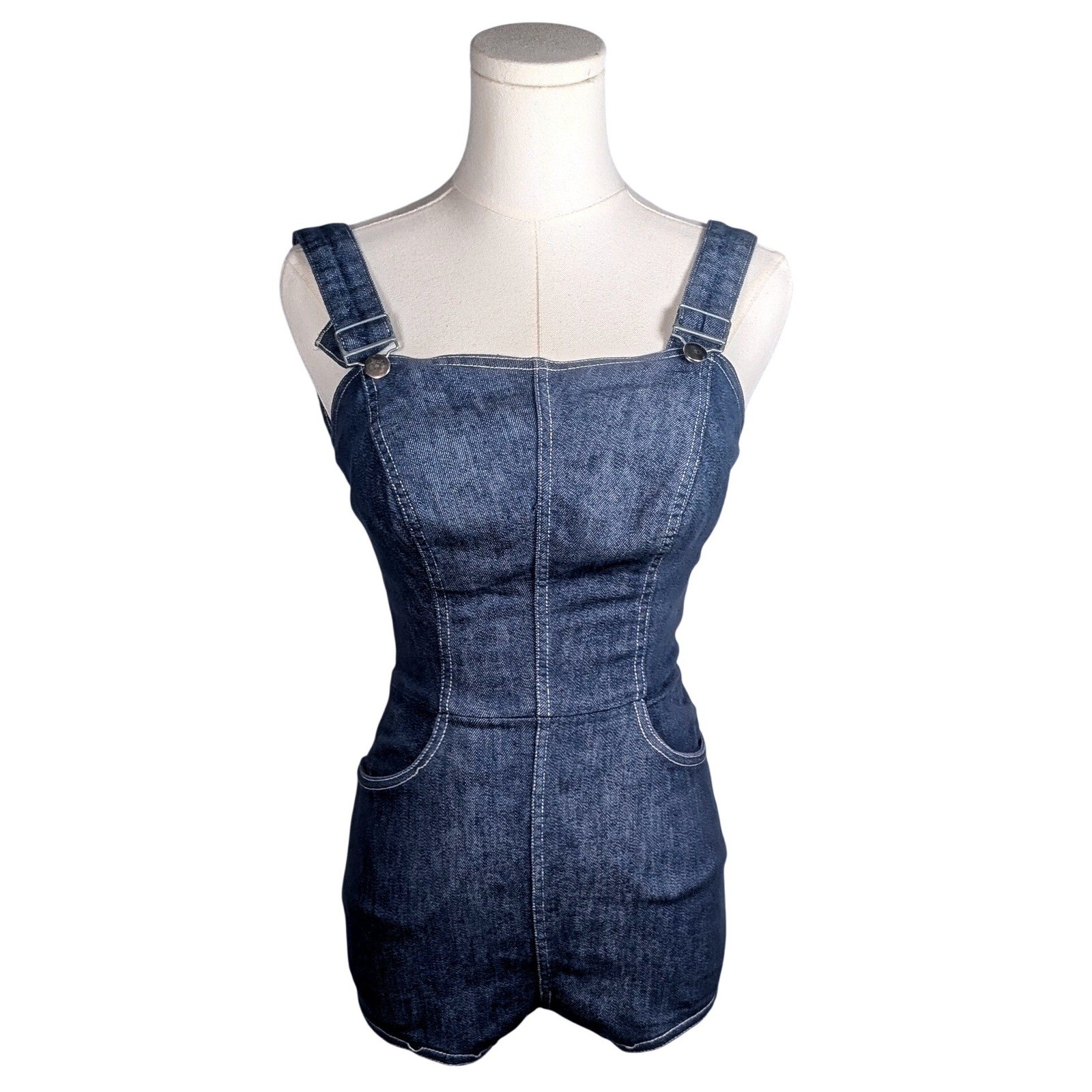 Vintage 50s Dark Wash Denim Pinup Romper Overall Bodysuit Playsuit Rockabilly XS