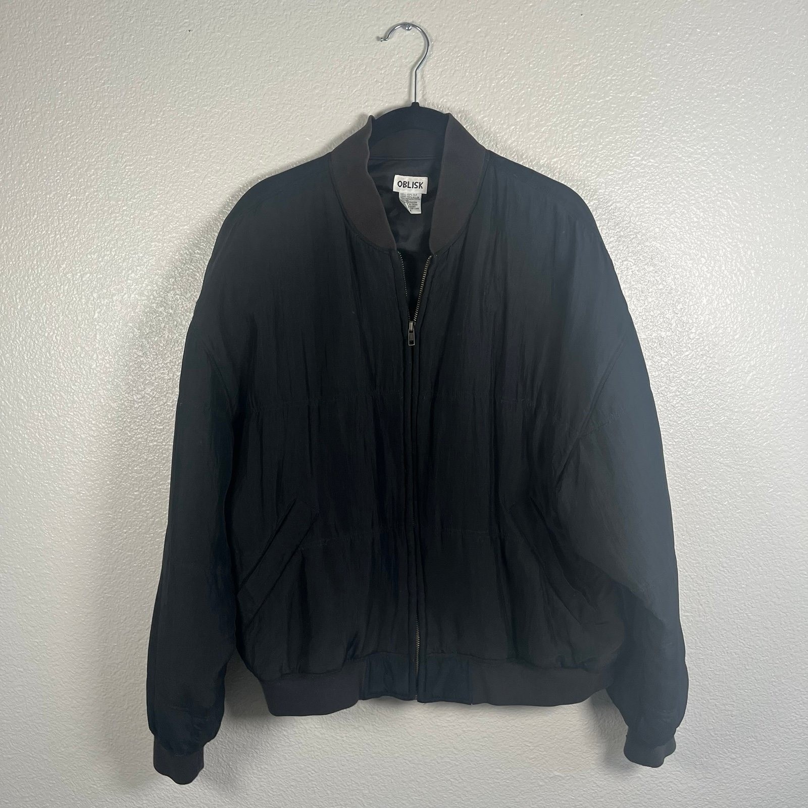 Rare Vintage 100% Silk Women’s Black Bomber Jacket – Oblisk Medium