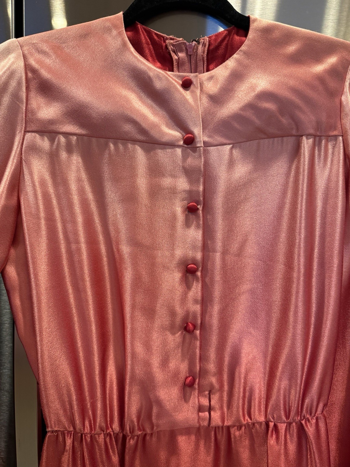 Vintage 70s Pat Sandler Ombre Pink Red Satin Dress Long Sleeve Midi Retro Small