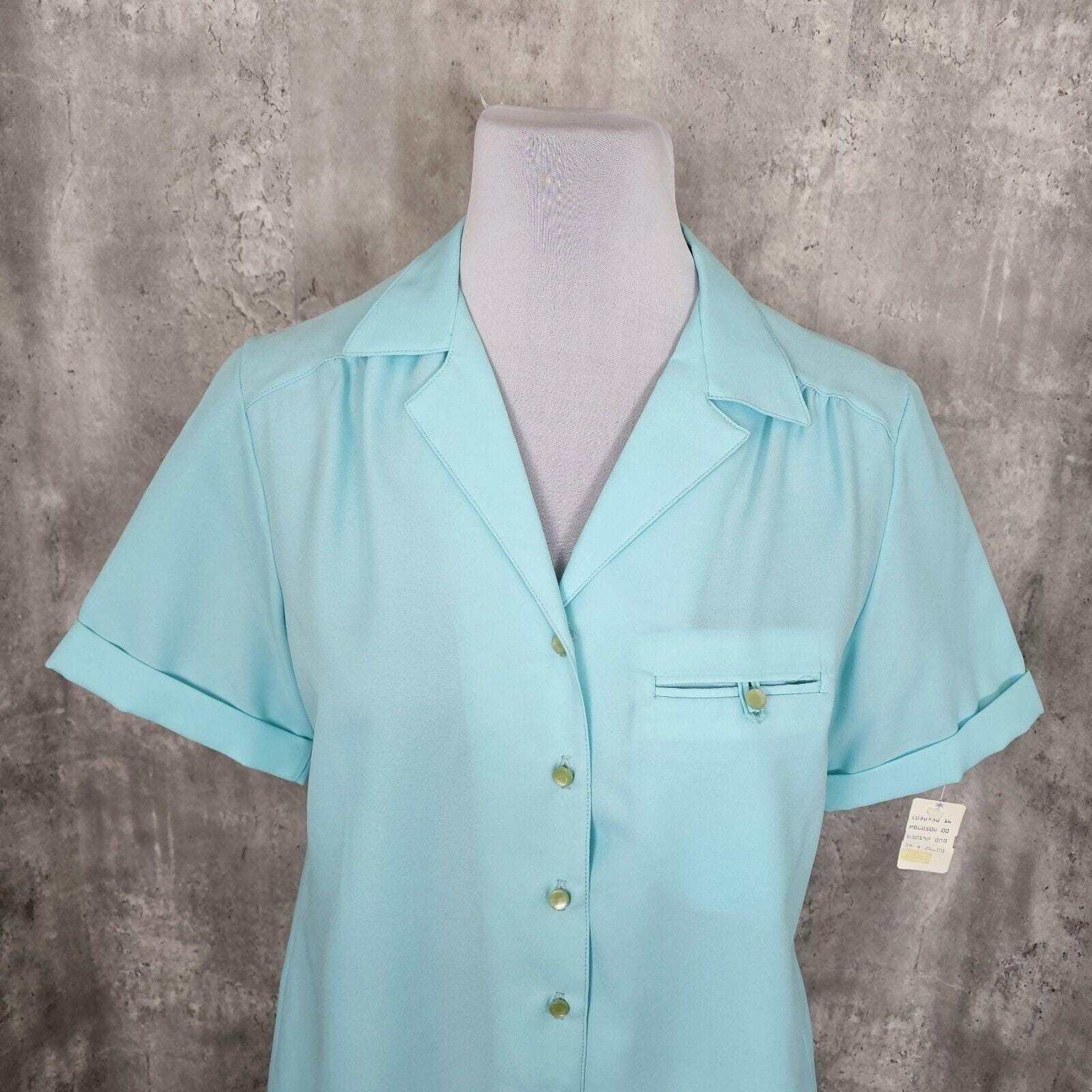 Vintage 70s 80s Its Gailord Womens 16 Turquoise Blue Textured Poly Blouse Top