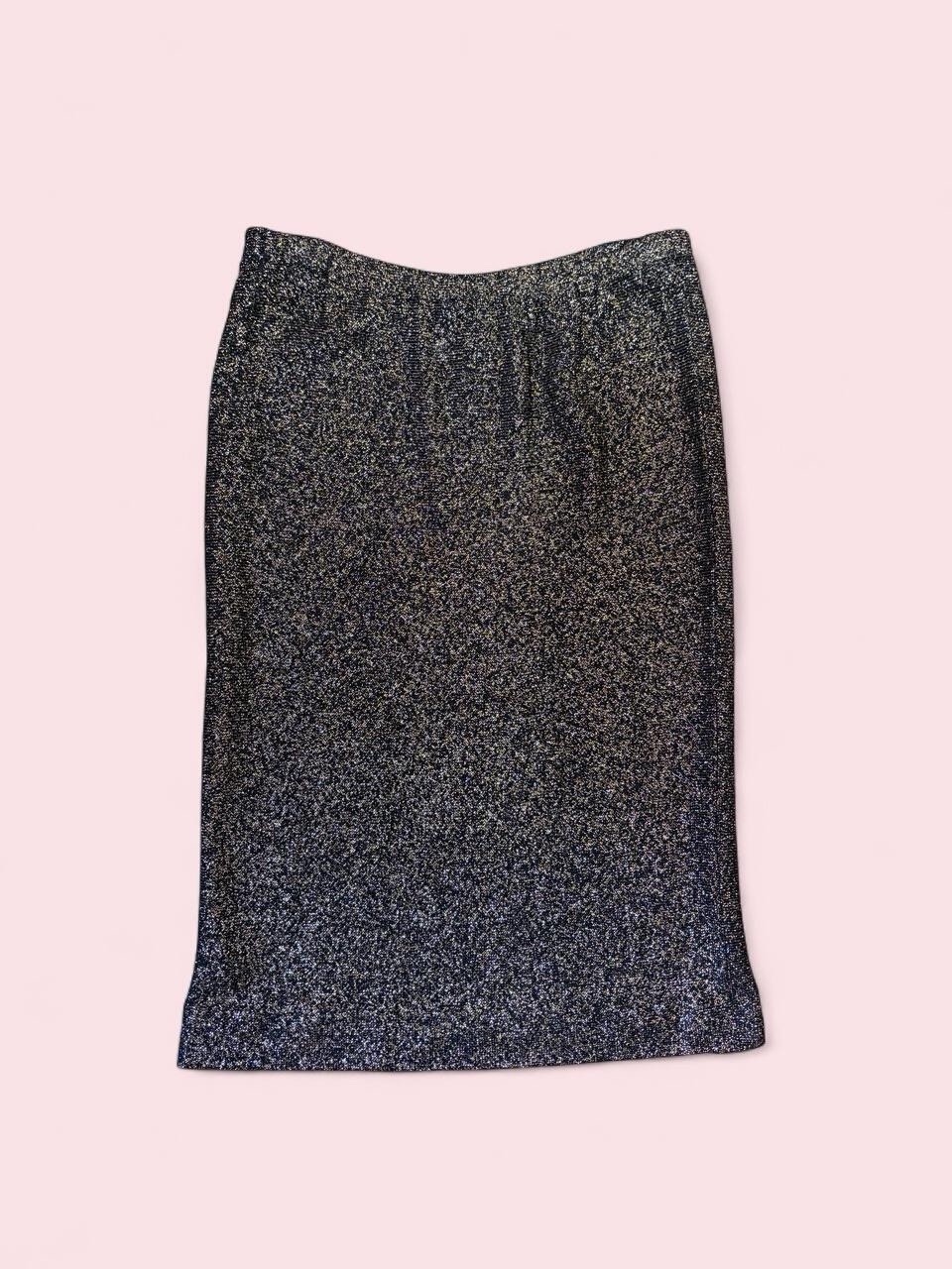 VTG 80s Halston III Metallic Knit Pencil midi Skirt Black/Gold Stretch disco M