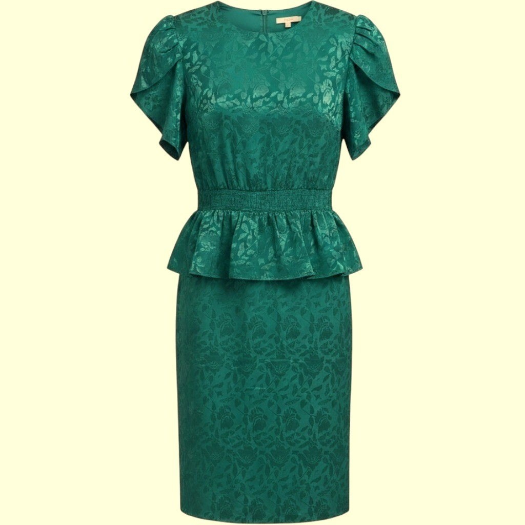 Vintage Dress 80s Green Blue Jacquard Peplum Midi Samantha Black Medium