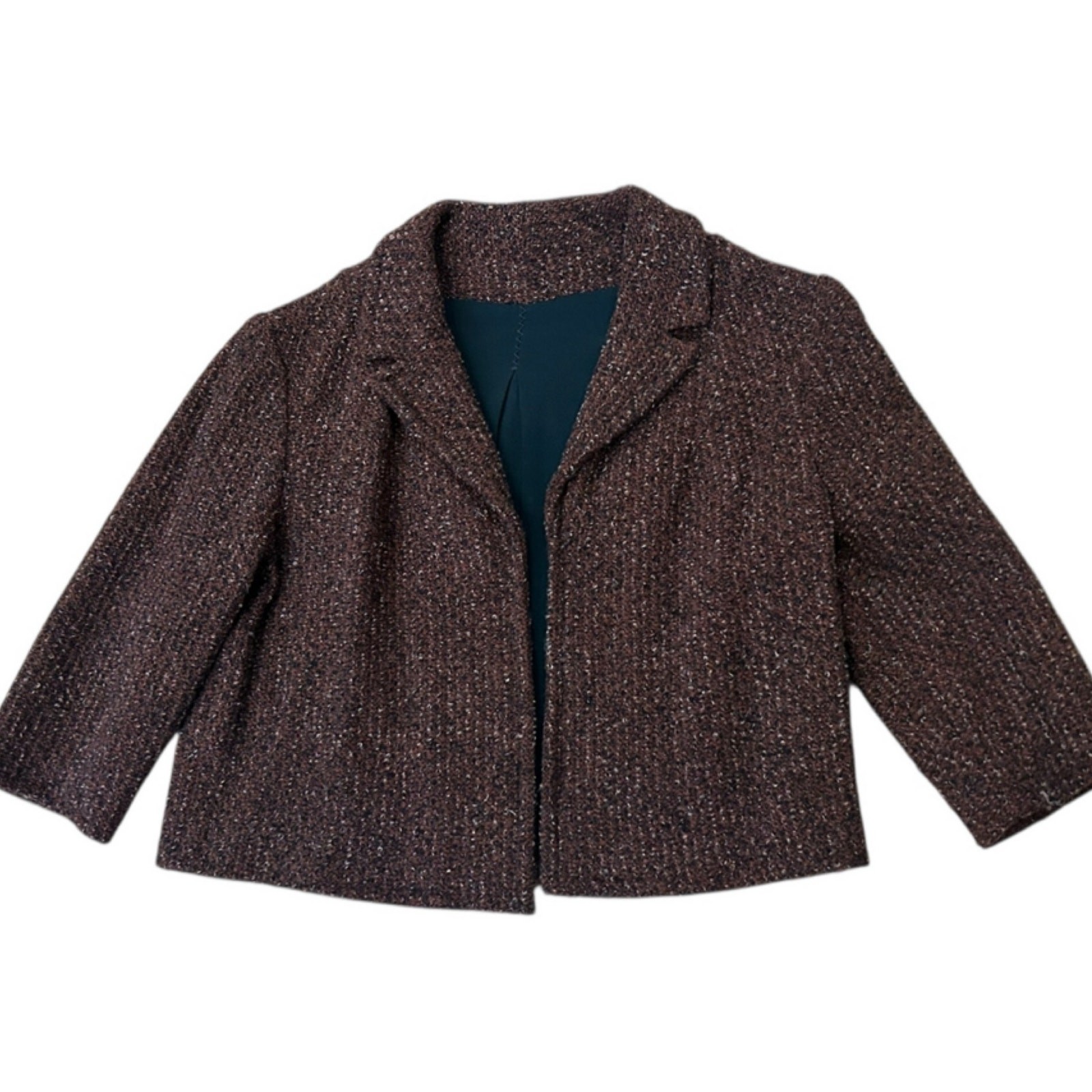 Vintage 50s Boucle Tweed Cropped Jacket Brown Open Front Blazer / medium ^