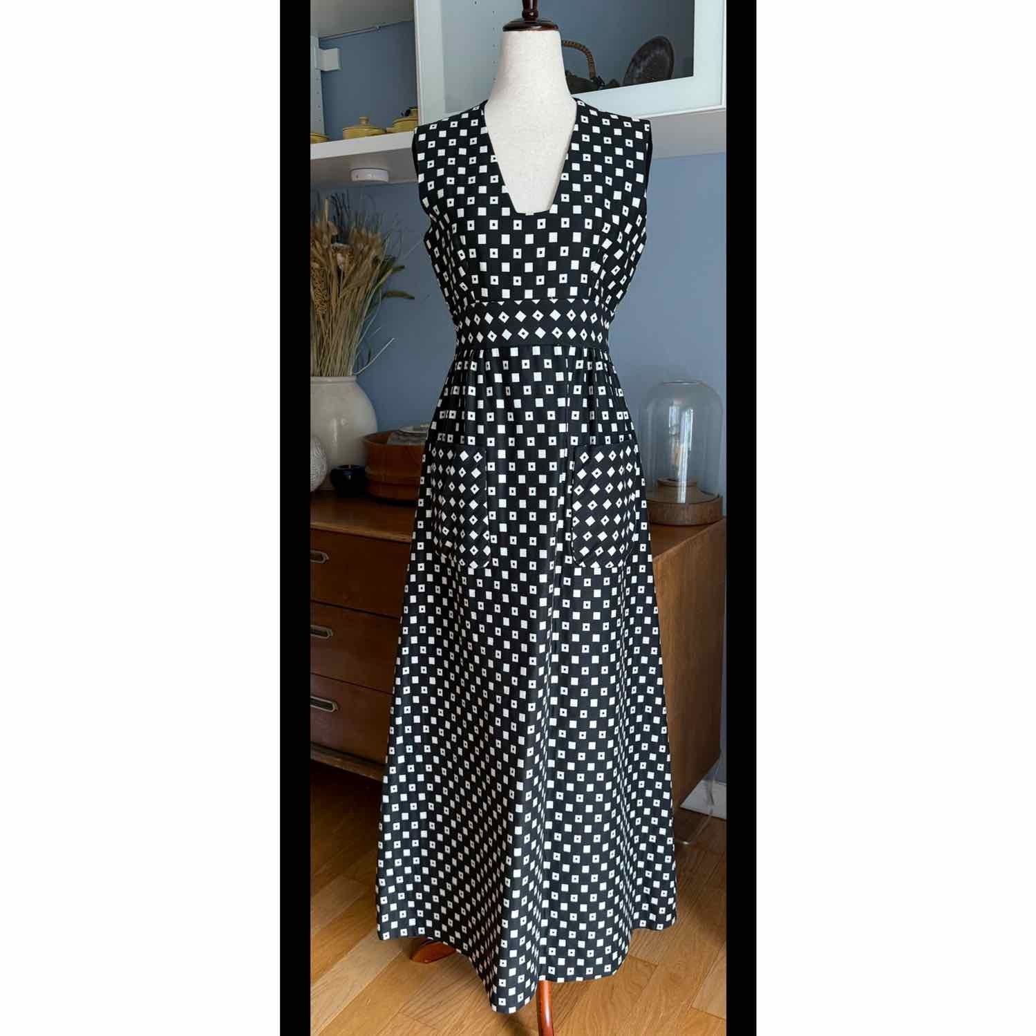 Vintage 60’s Joseph I’Magnin Black White Check Gown Dress Pockets S/M