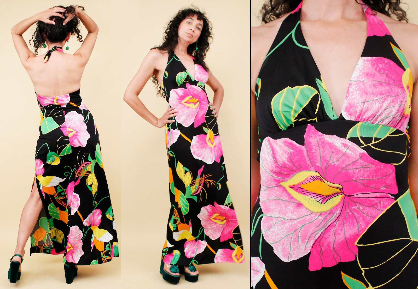 60s 70s Vtg Deweese Floral Halter Dress Maxi Side Split Op Art Psychedelic Mod S