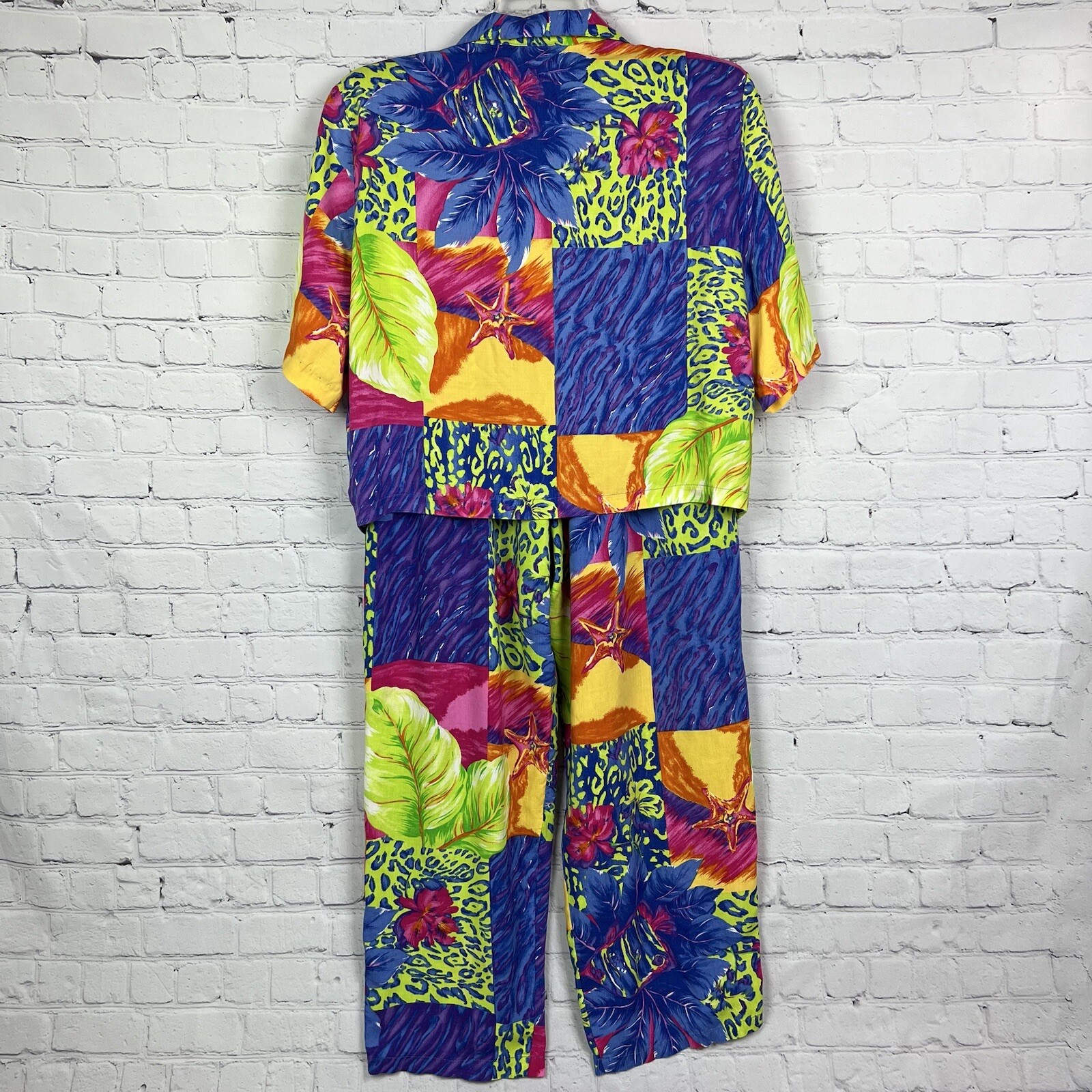 Vintage Sea Suns Neon Bright Floral Tropical Leopard Beach Pants & Top Set XL
