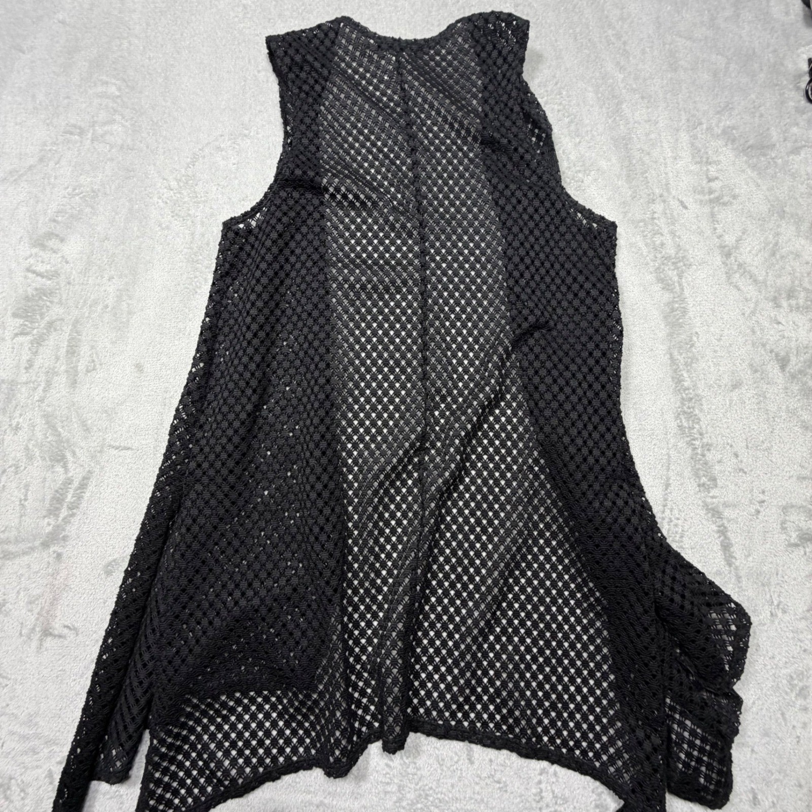 Vintage Slinky Brand Black Crochet Mesh Vest Sharkbite Hem Large 90s Boho Layer