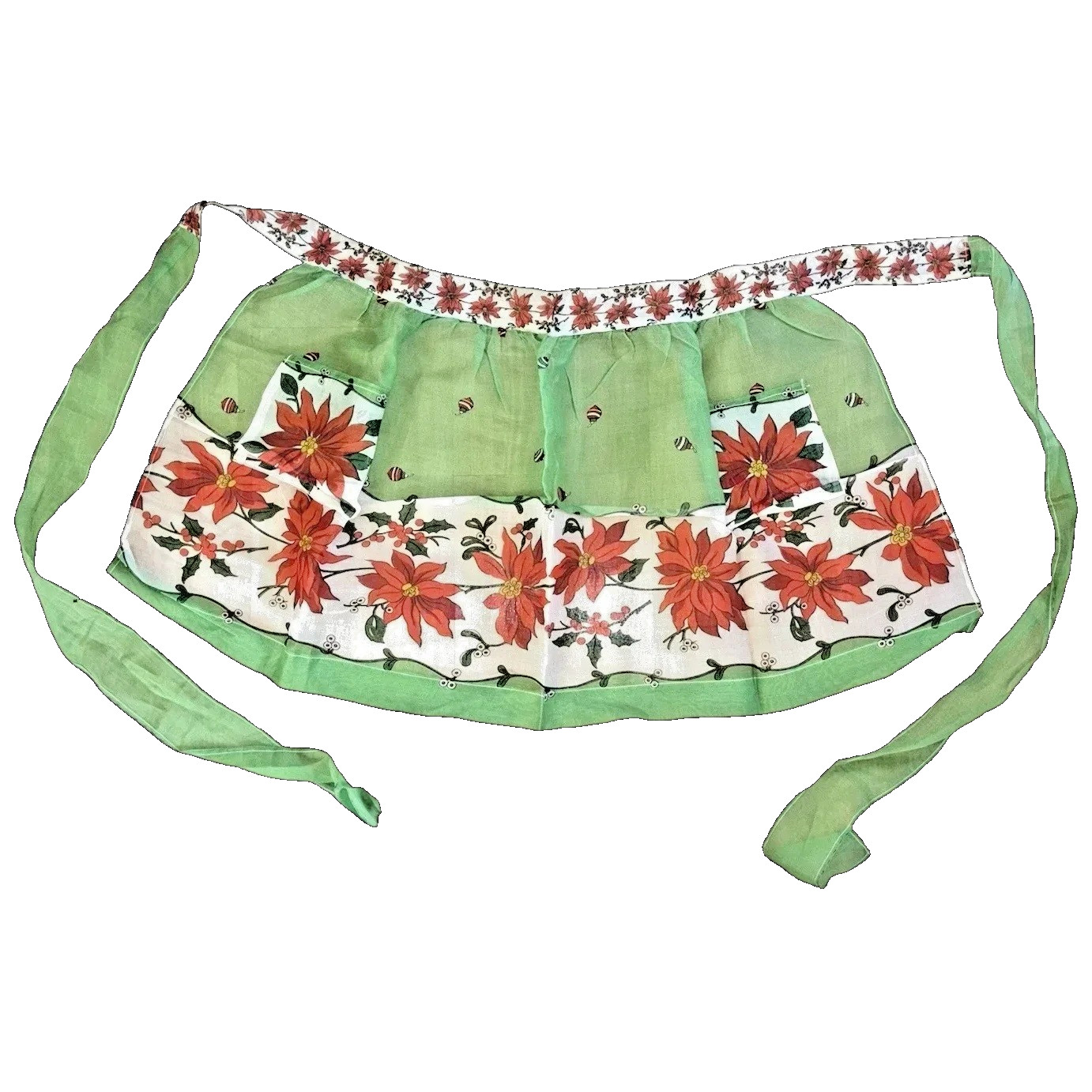 Darling Vintage 1950s Organdy Christmas Apron w Poinsettias Berries Ornaments !