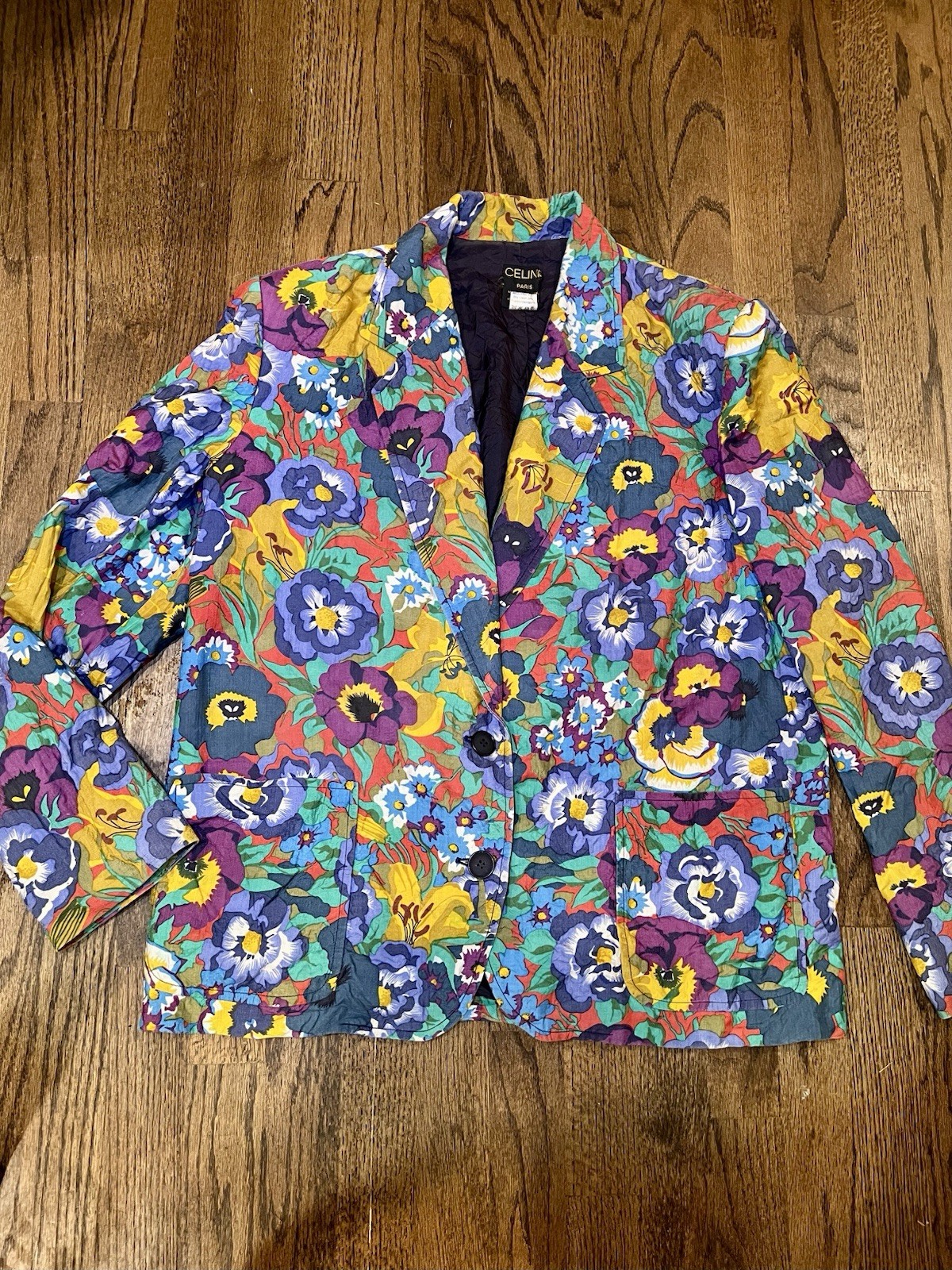Vintage 1980s CELINE Paris Silk Floral Blazer Jacket Sz 44 US-12 Made In France